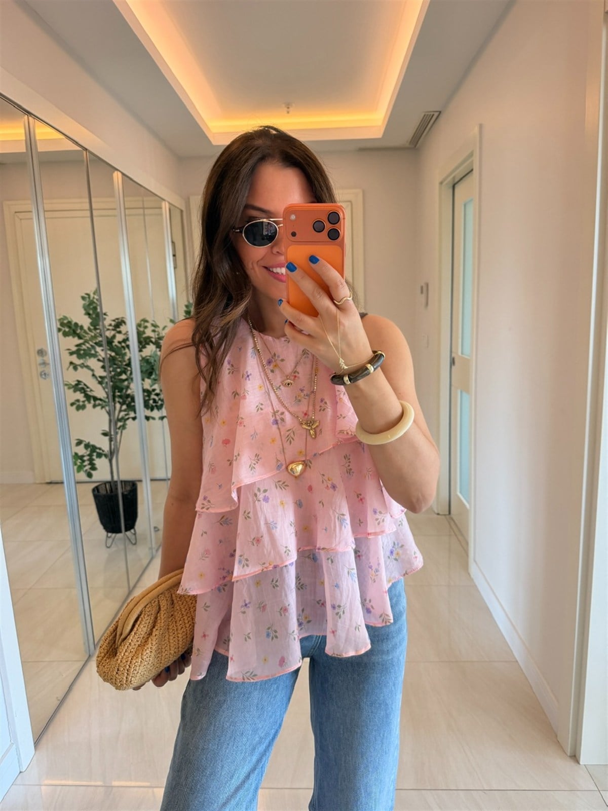 Çıtır Çiçek Desenli Fırfırlı Tensel Bluz  - Pembe