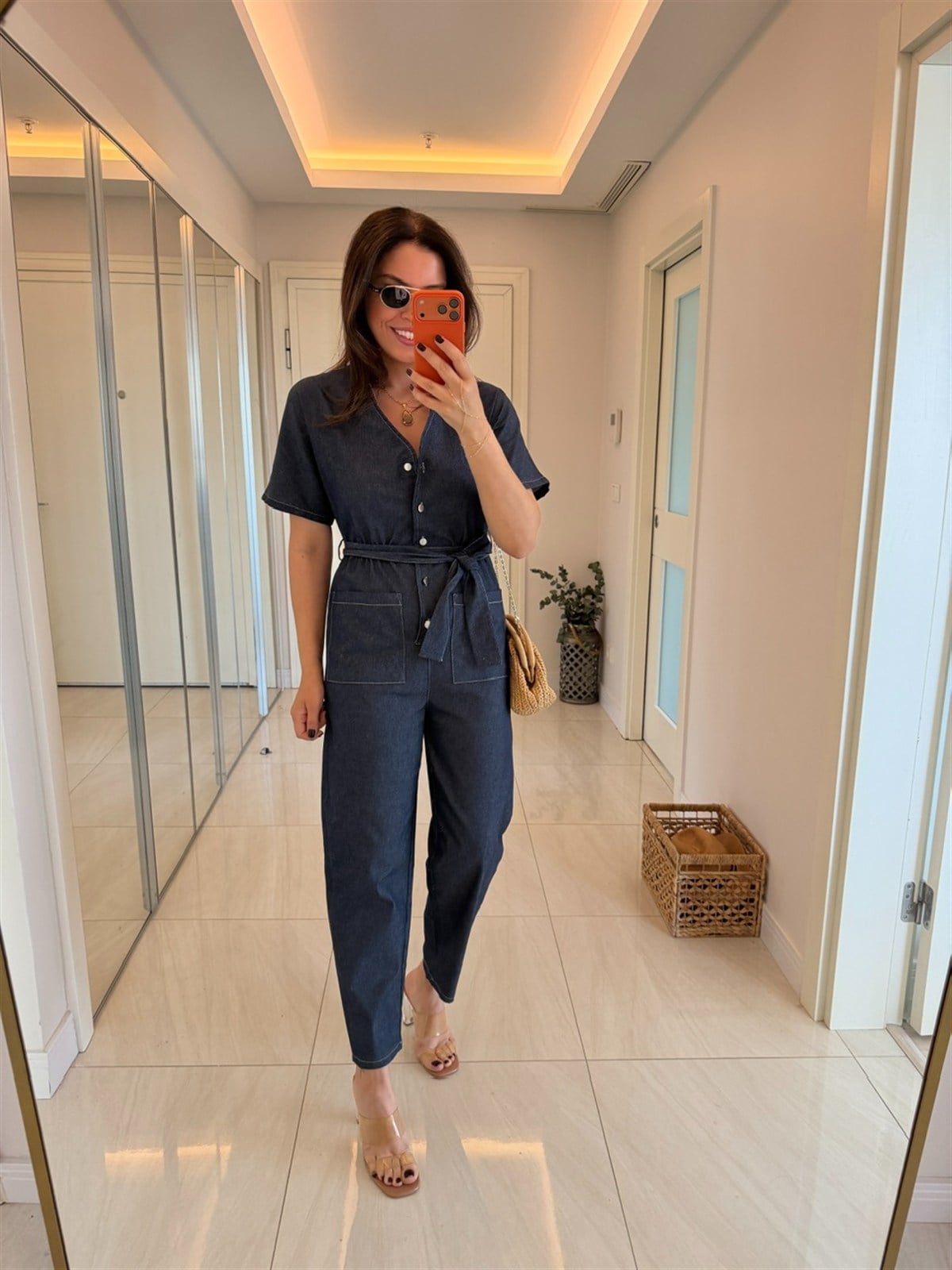 Beli Kuşaklı Likralı Denim Tulum