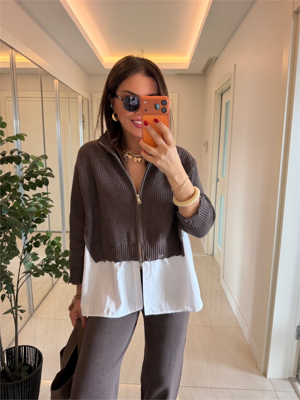 Poplin Detaylı Çift Fermuarlı Triko Takım-Vizon