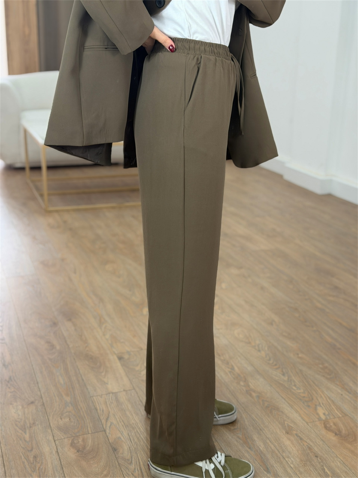 Kruvaze Yaka Beli Lastikli Pantolon Ceket Takım - Haki