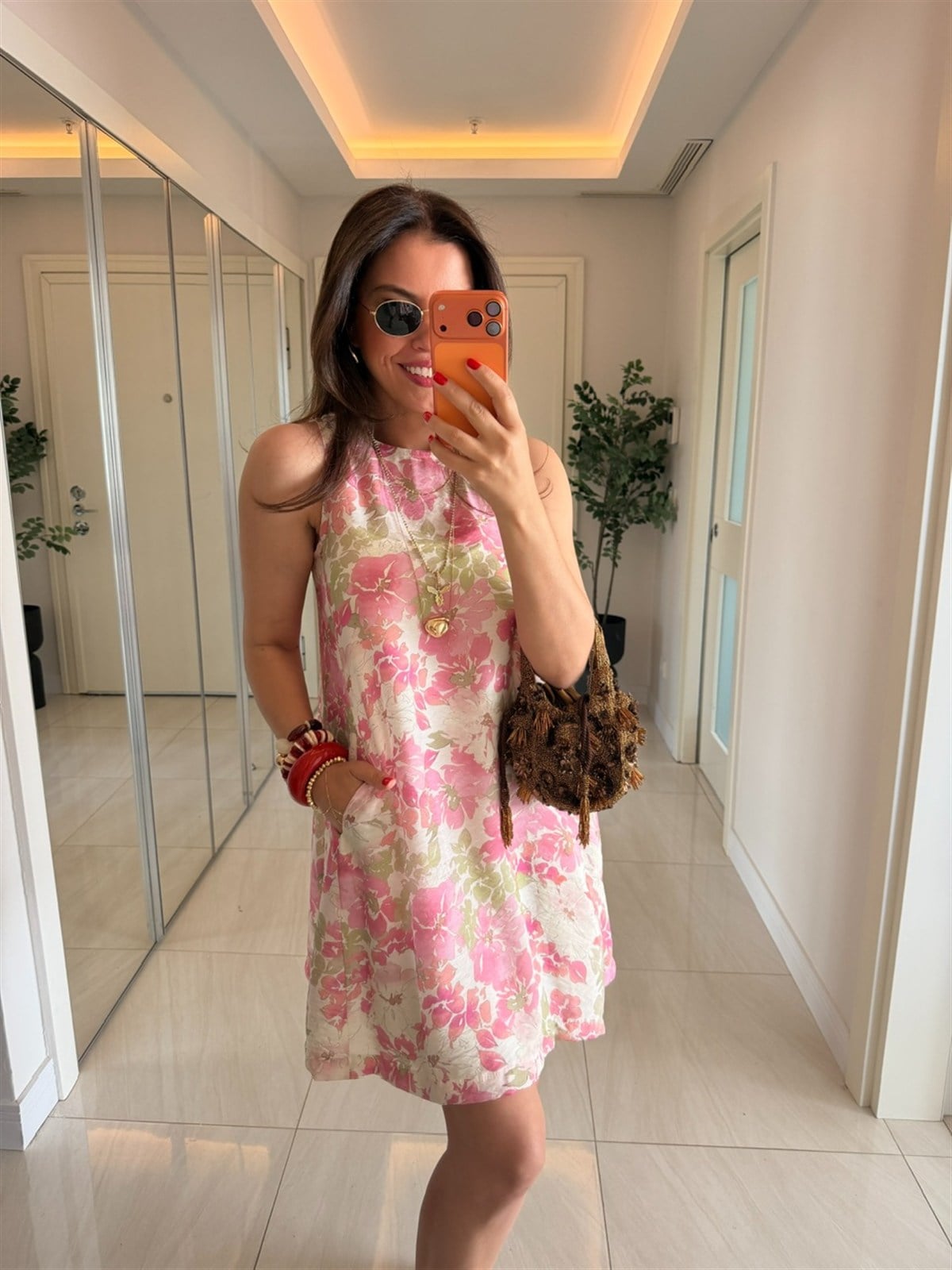 Çiçek Desenli Astarlı Elbise - Pembe 