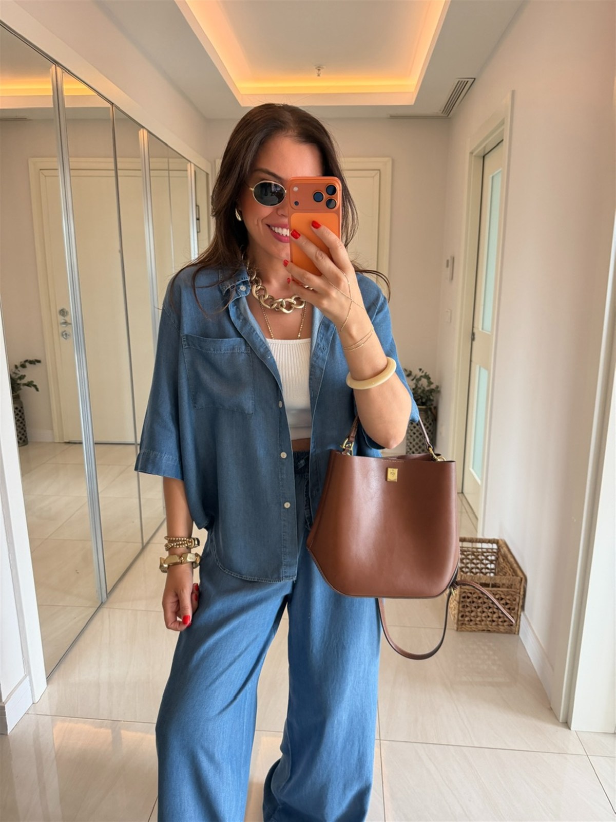 Yarım Kol Premium Tensel Denim Takım - Mavi