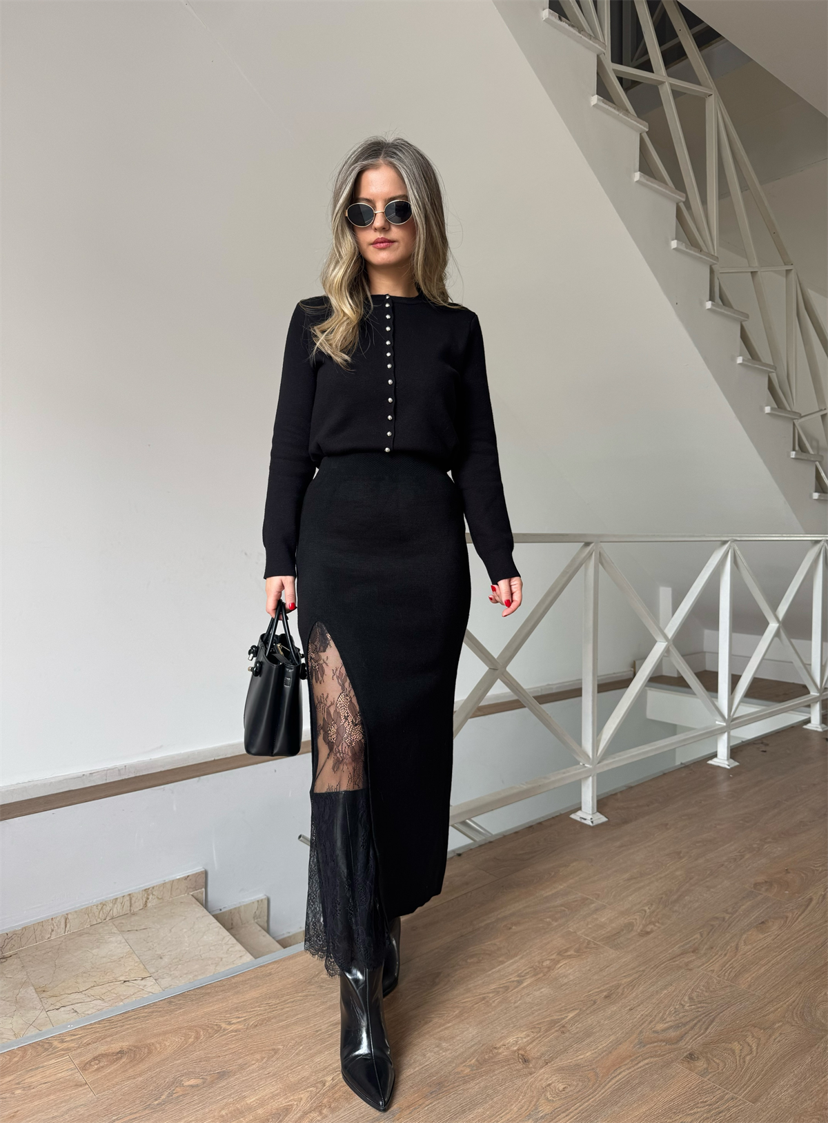 Dantel Detaylı Midi Triko Etek - Siyah