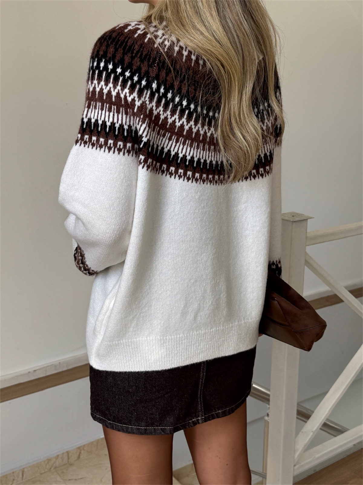 Bisiklet Yaka Jakarlı Desenli Kazak - Ekru 