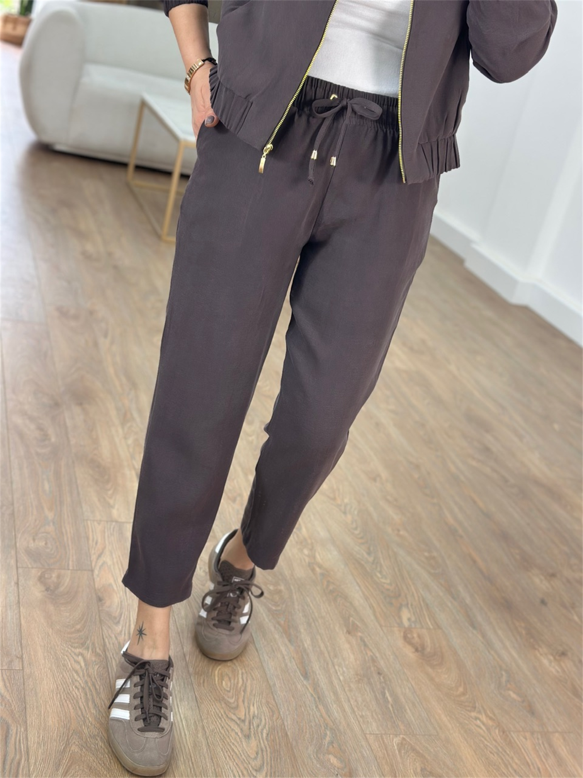 Fermuarlı Pantolon Ceket Takım - Kahverengi