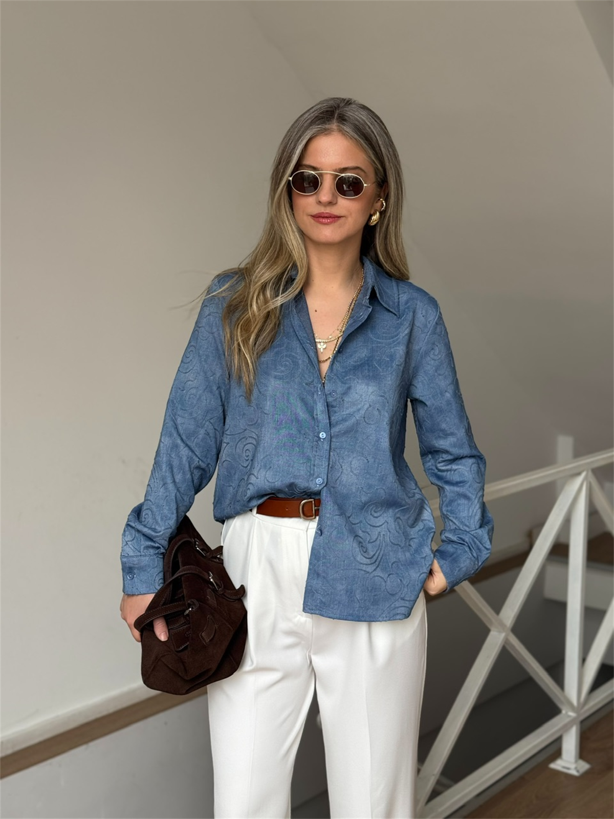 Nakış Detaylı Tensel Denim Gömlek - Mavi