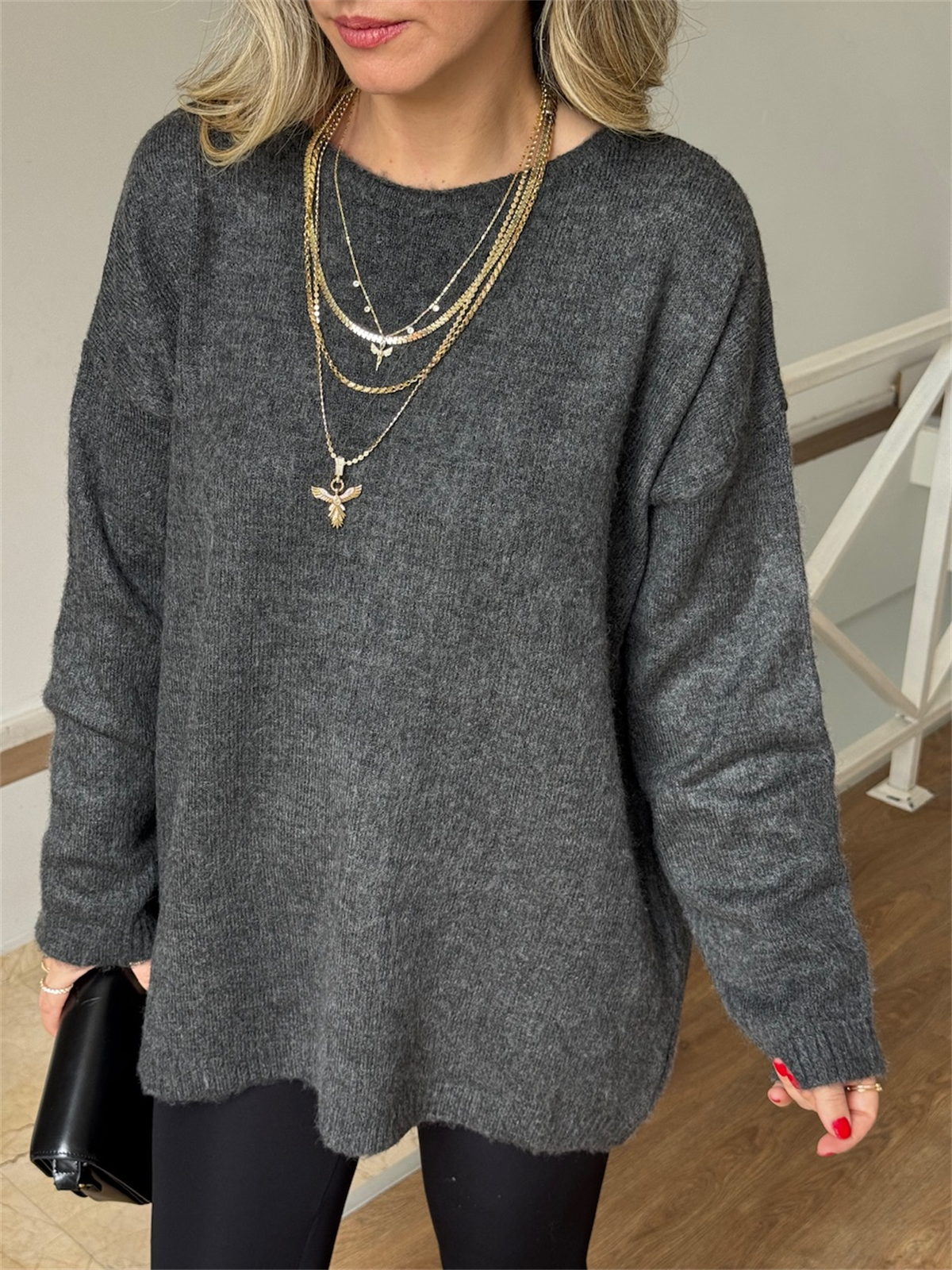 Arkası Dantel Detaylı Triko Kazak - Antrasit