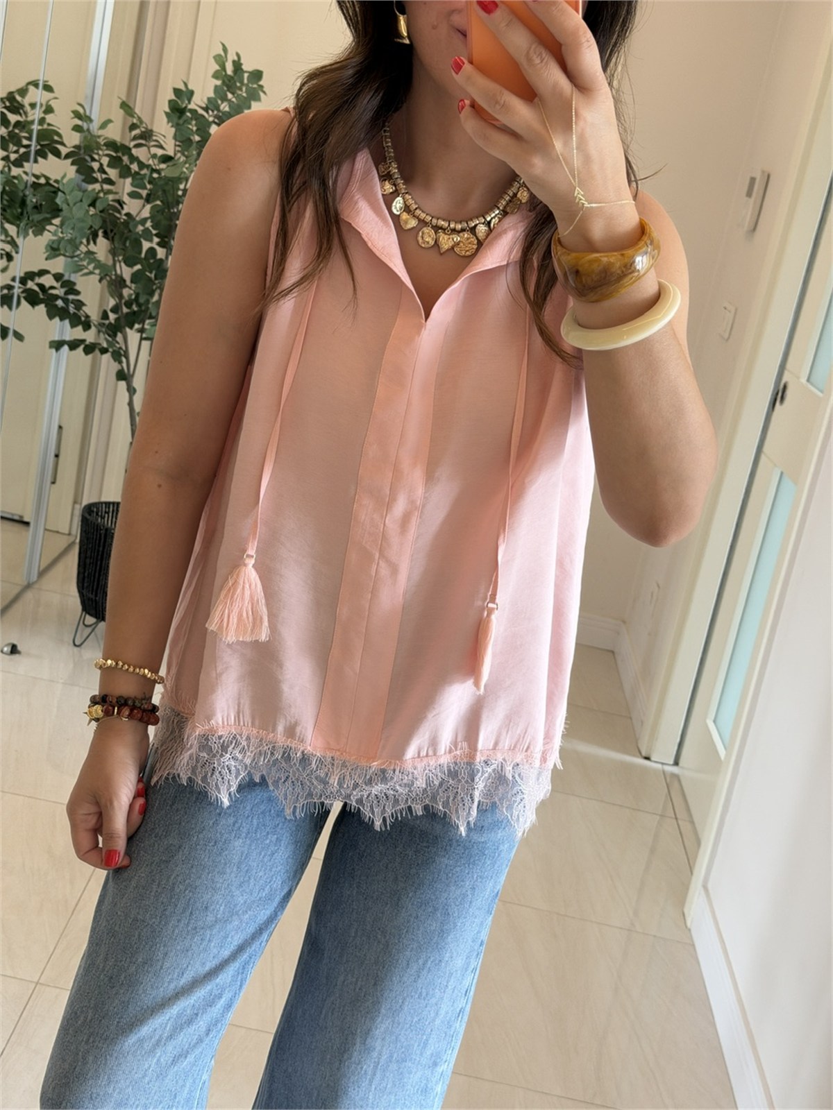 Etek Ucu Dantelli Modal Bluz-Pembe