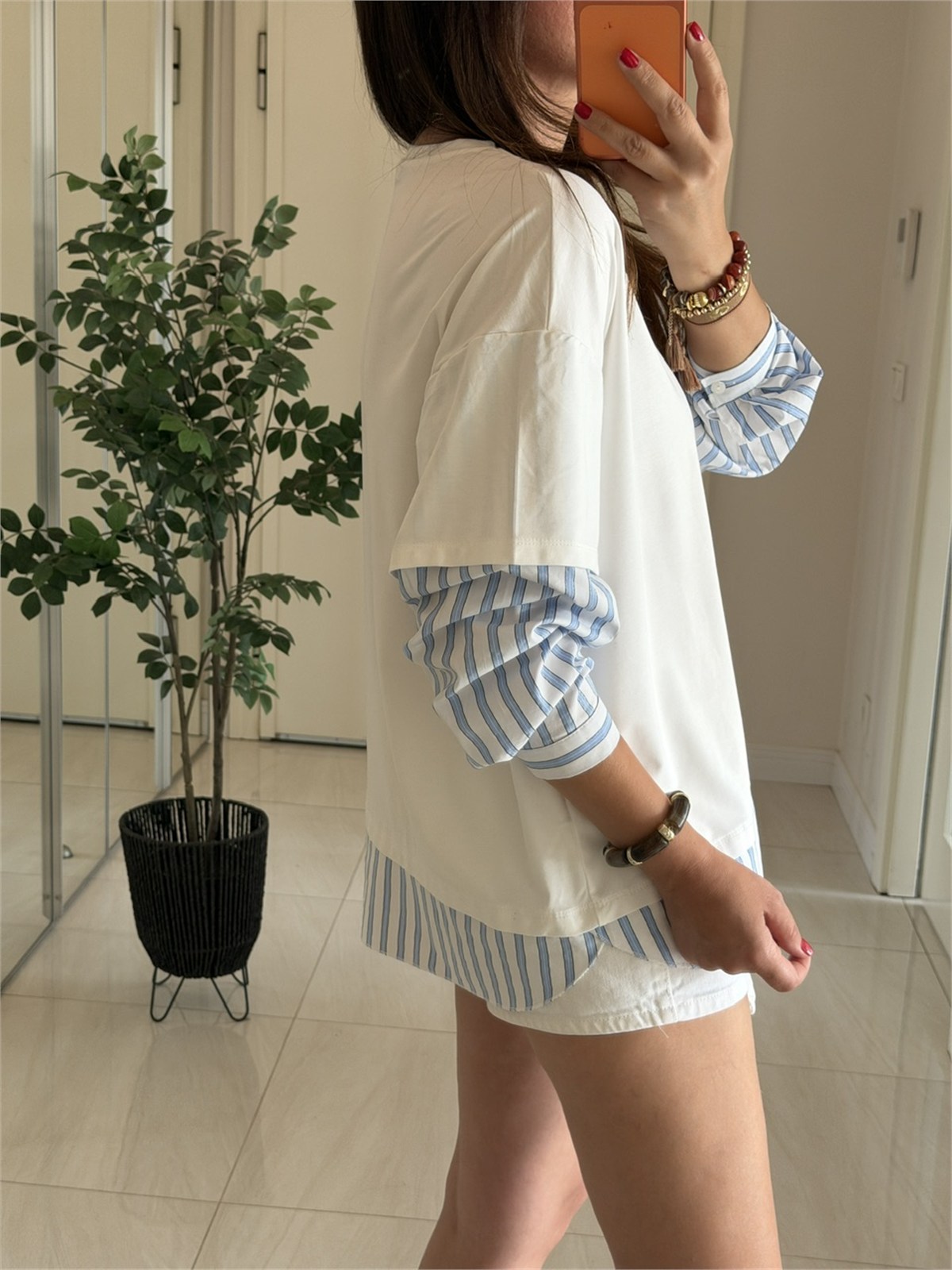 Çizgili Poplin Detaylı Sweatshirt-Beyaz