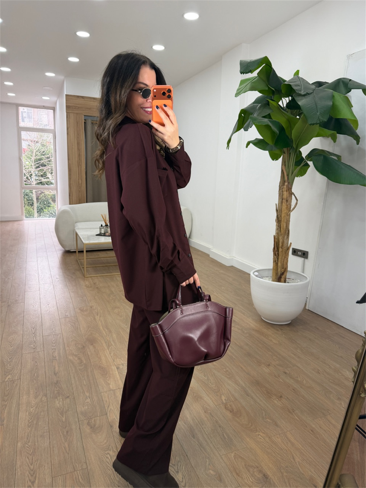 Cep Detaylı Gömlek Pantolon Takım - Bordo