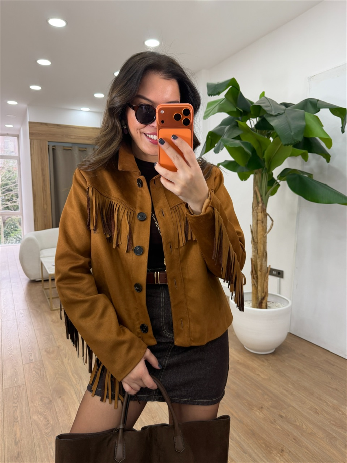 Düğmeli Püsküllü Süet Ceket - Taba