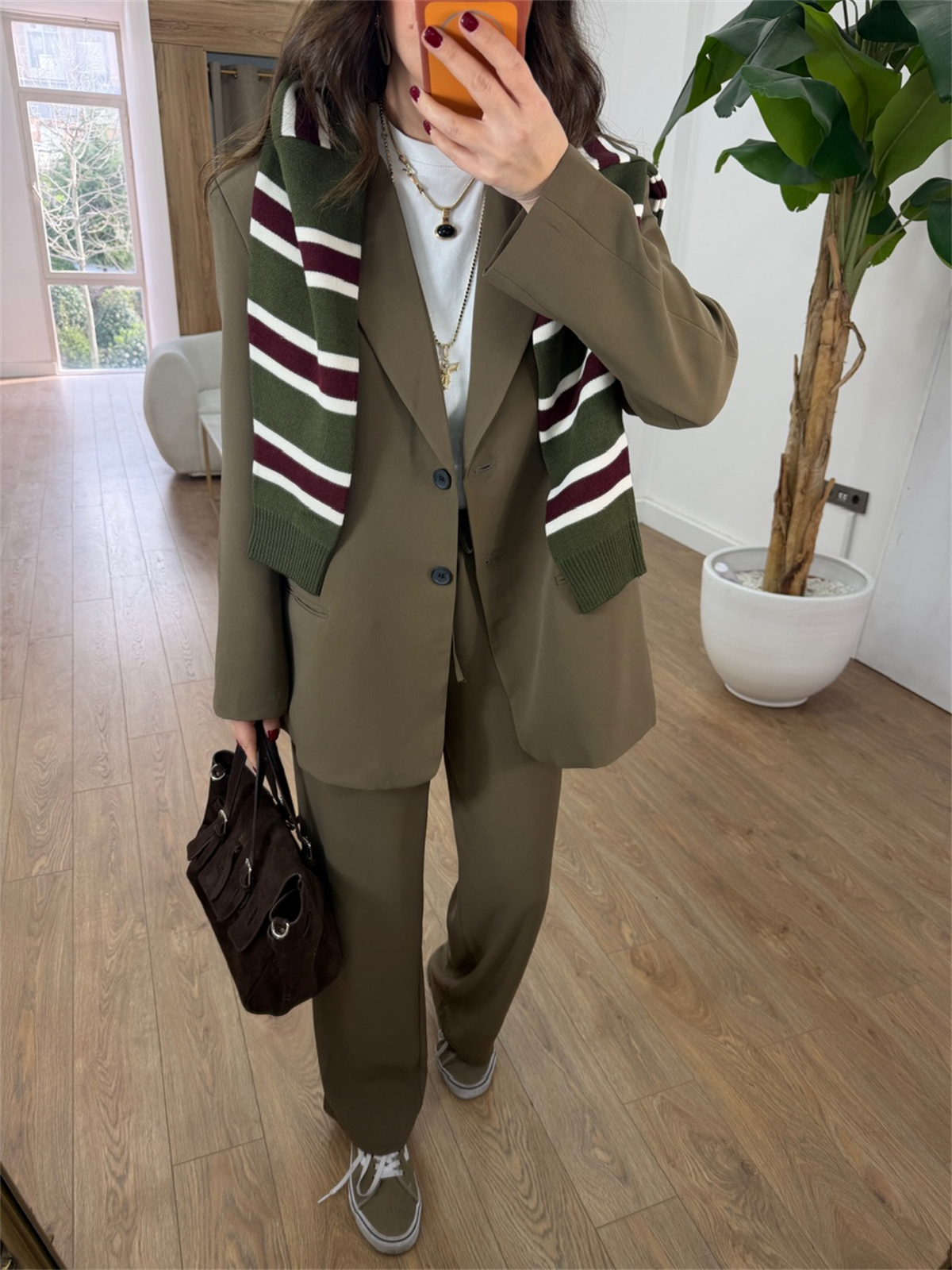 Kruvaze Yaka Beli Lastikli Pantolon Ceket Takım - Haki