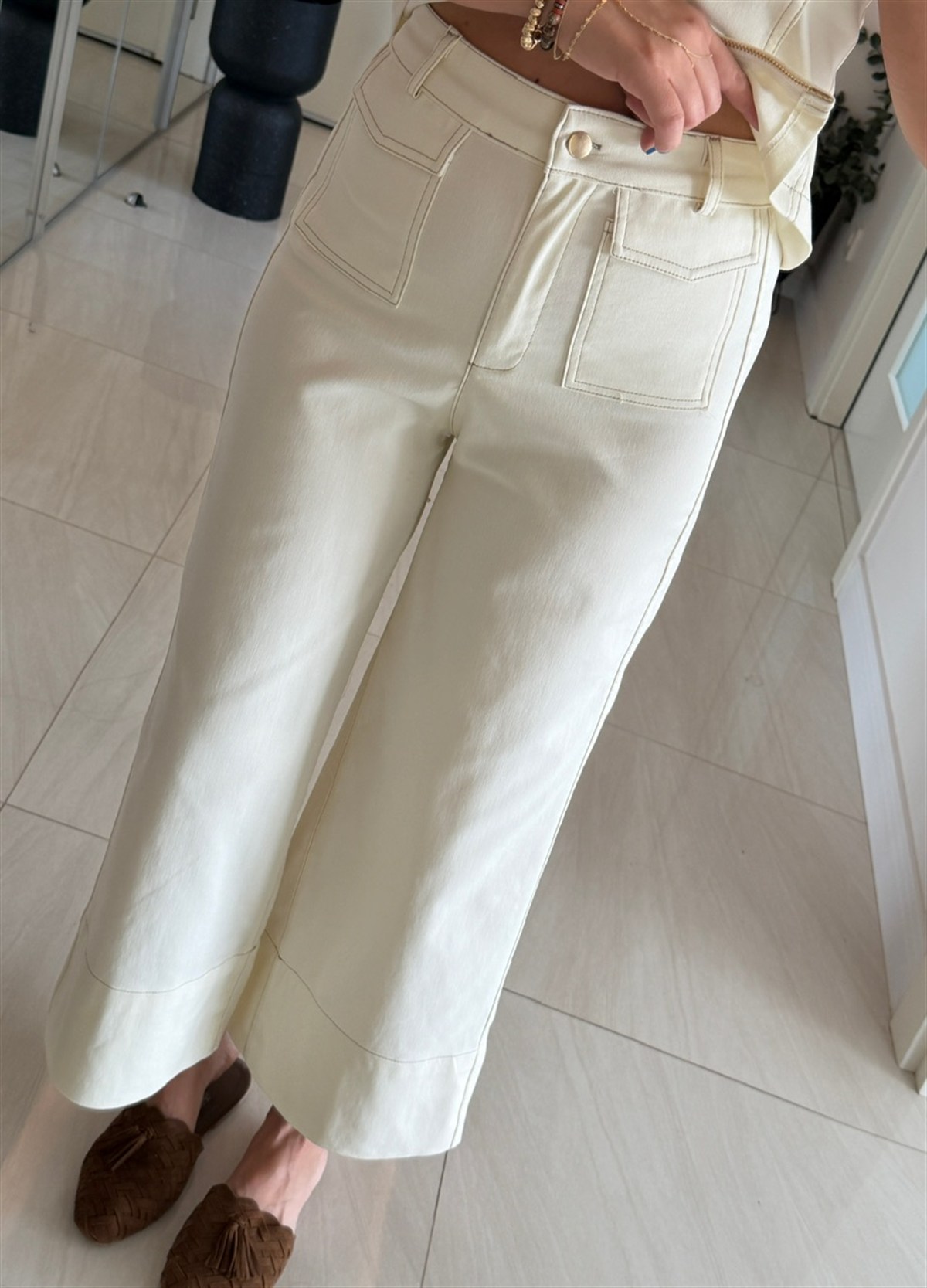 Önü Cepli Likralı Duble Paça Denim Pantolon - Ekru