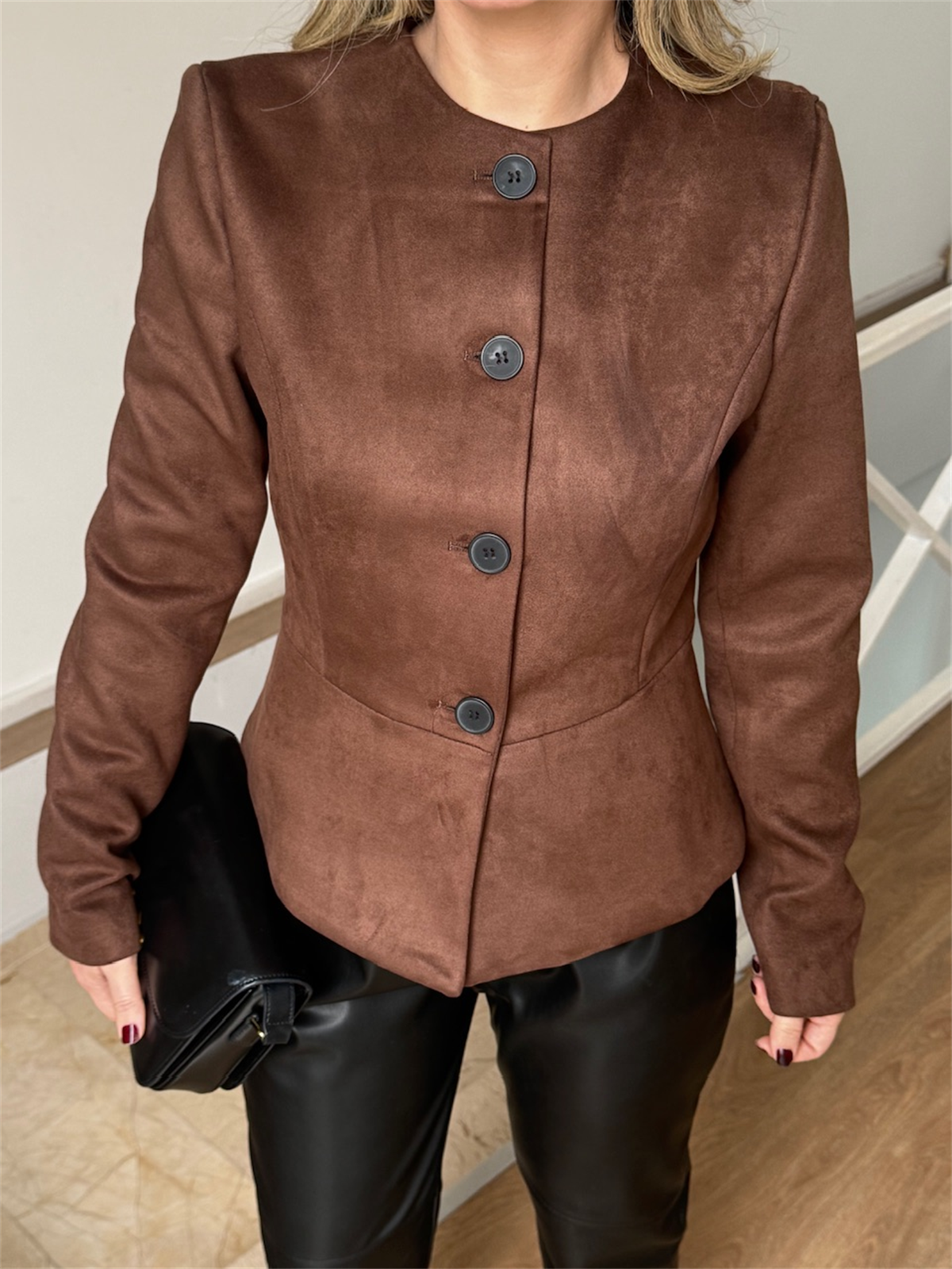 Önü Düğmeli Premium Süet Ceket - Kahverengi