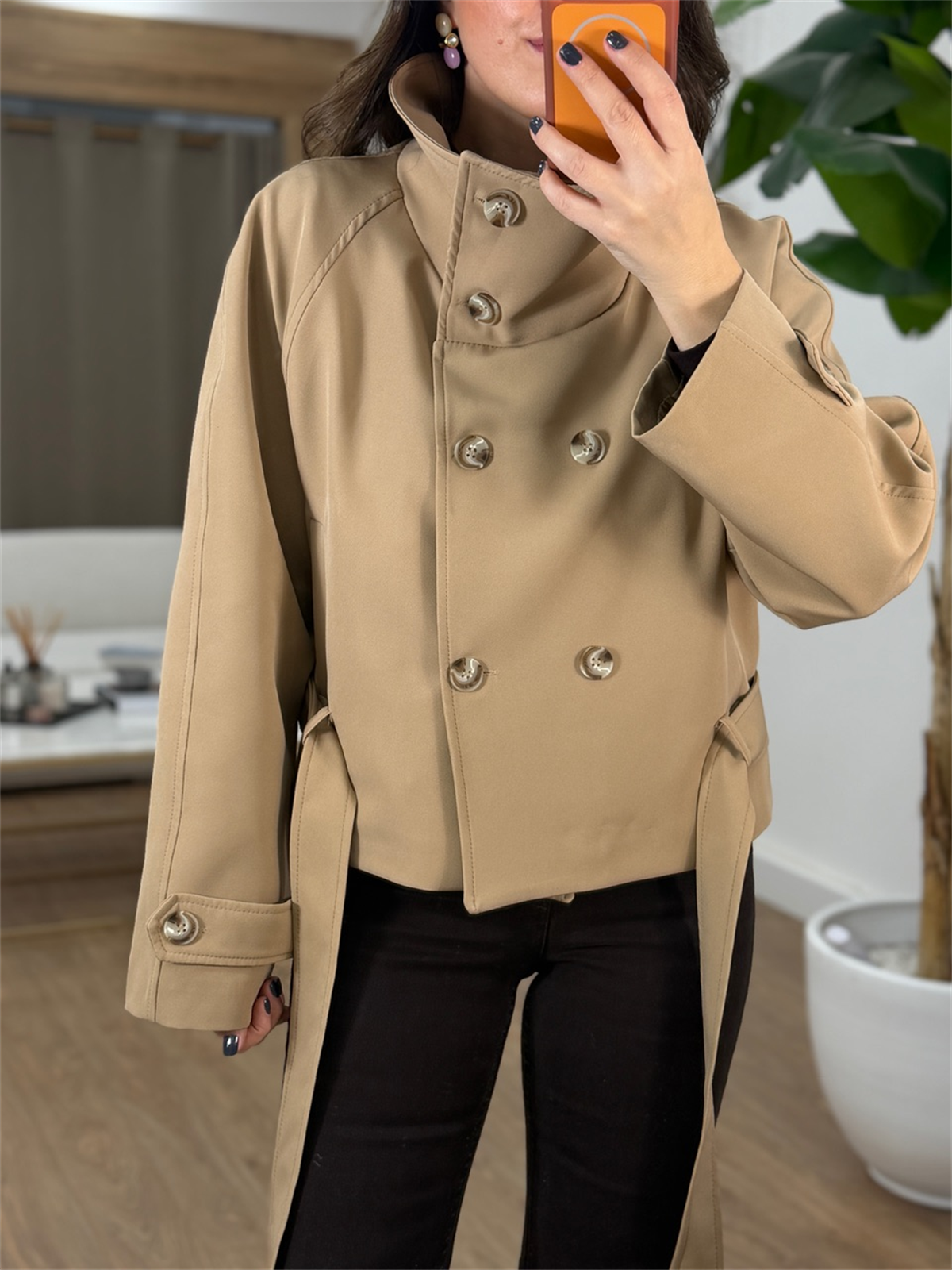 Dik Yaka Beli Bağlamalı Trençkot - Camel