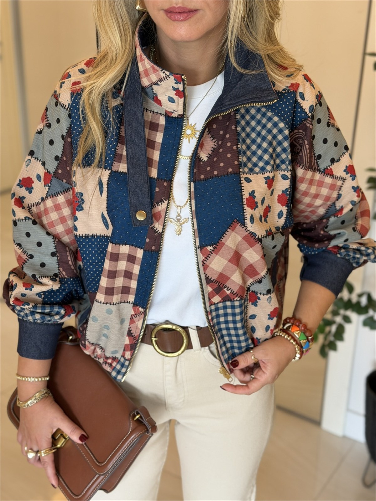 Patchwork Desen Yüksek Yaka Bomber 