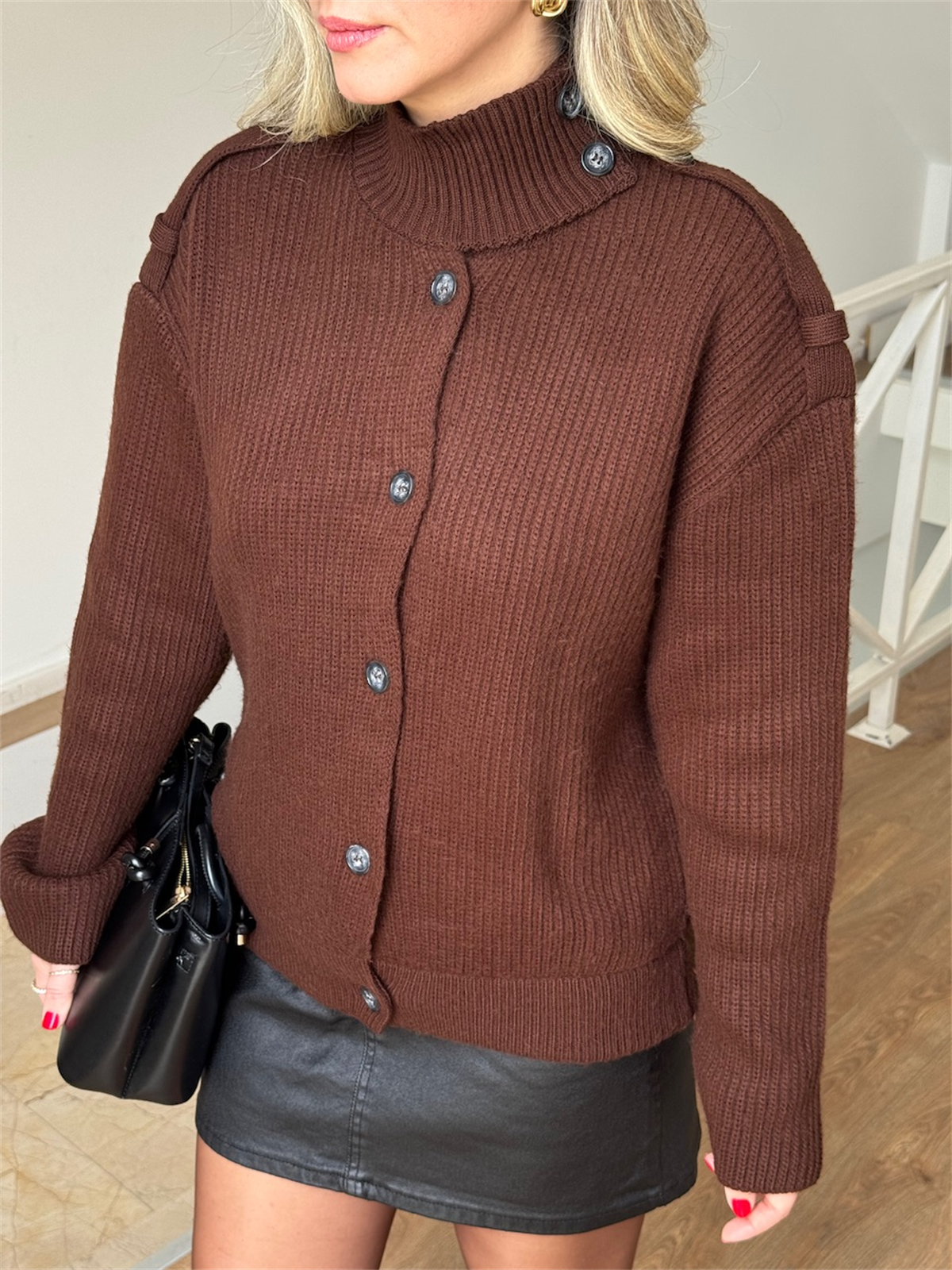 Balıkçı Yaka Triko Ceket - Kahverengi