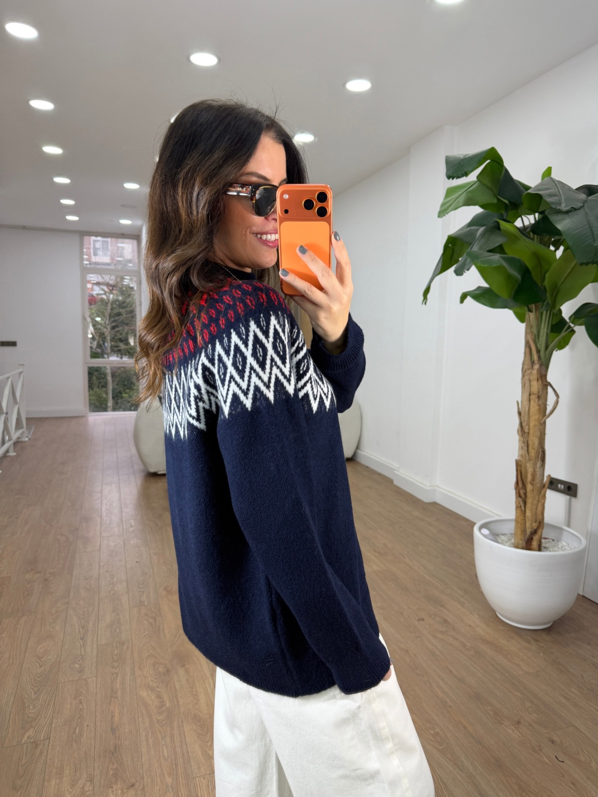 Bisiklet Yaka Etnik Desenli Kazak - Lacivert