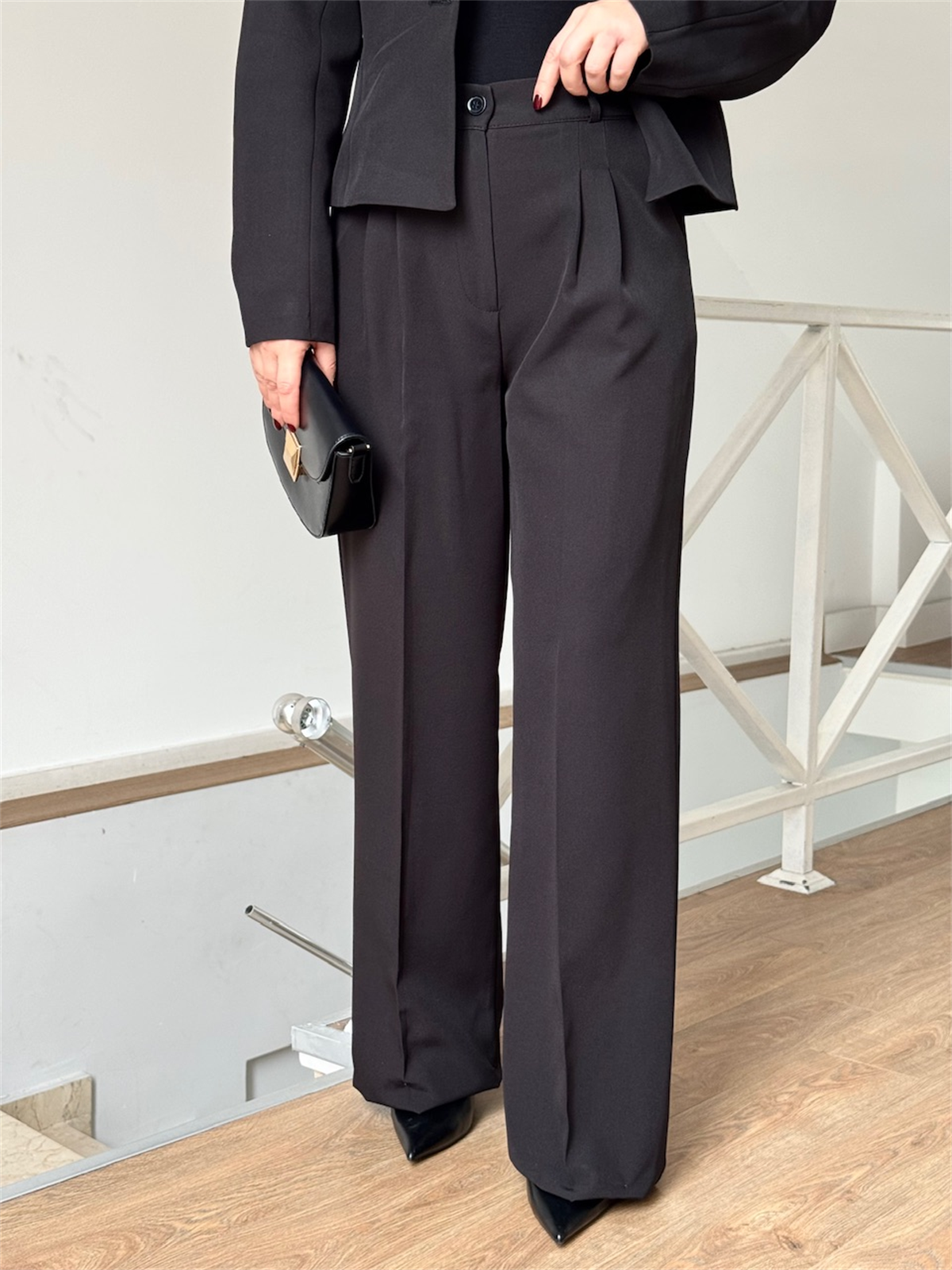 Kruvaze Yaka Kısa Pantolon Ceket - Siyah