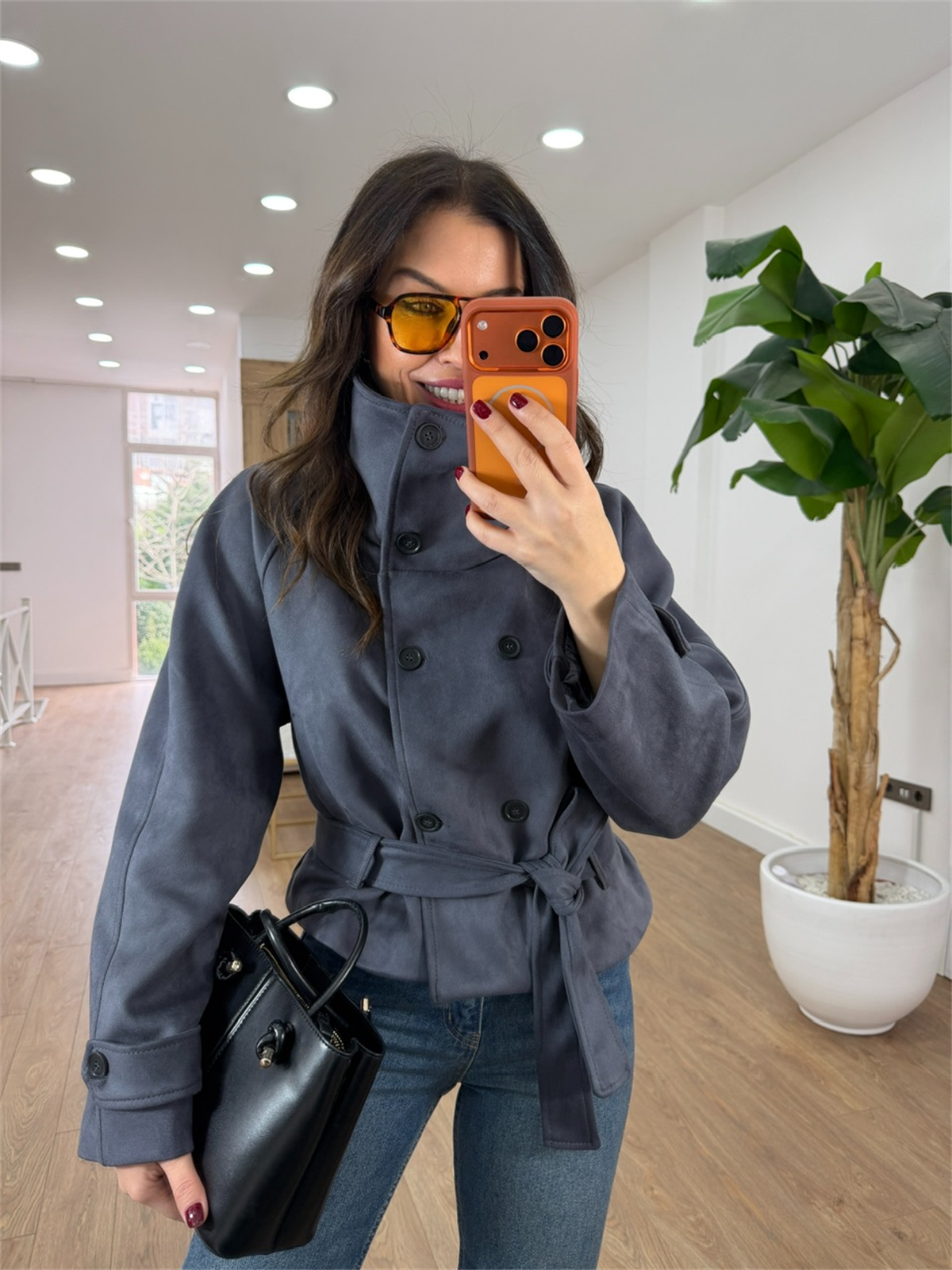 Dik Yaka Kuşaklı Süet Ceket - Füme 