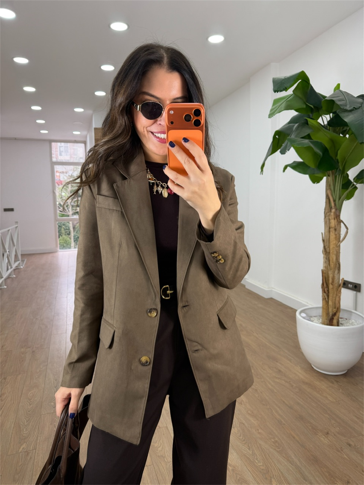 İki Düğmeli Süet Ceket - Sütlü Kahve