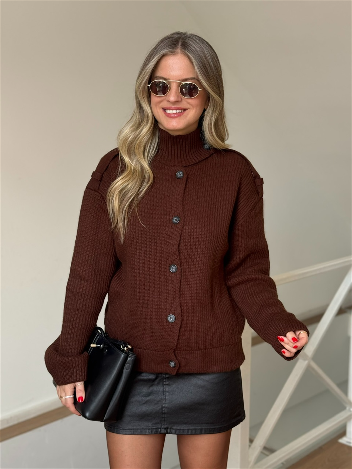 Balıkçı Yaka Triko Ceket - Kahverengi