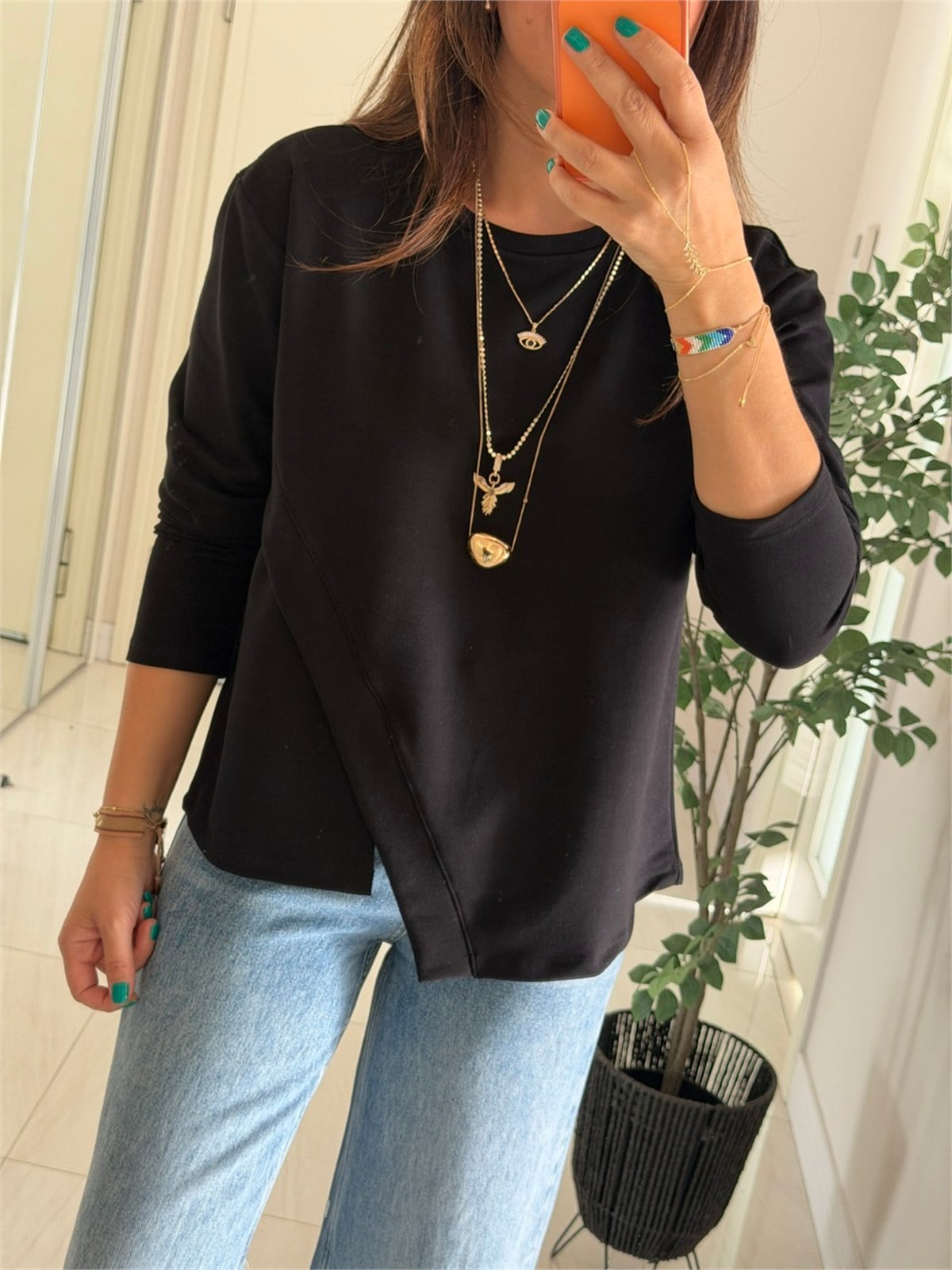 Asimetrik Yırtmaçlı Basic Sweat - Siyah