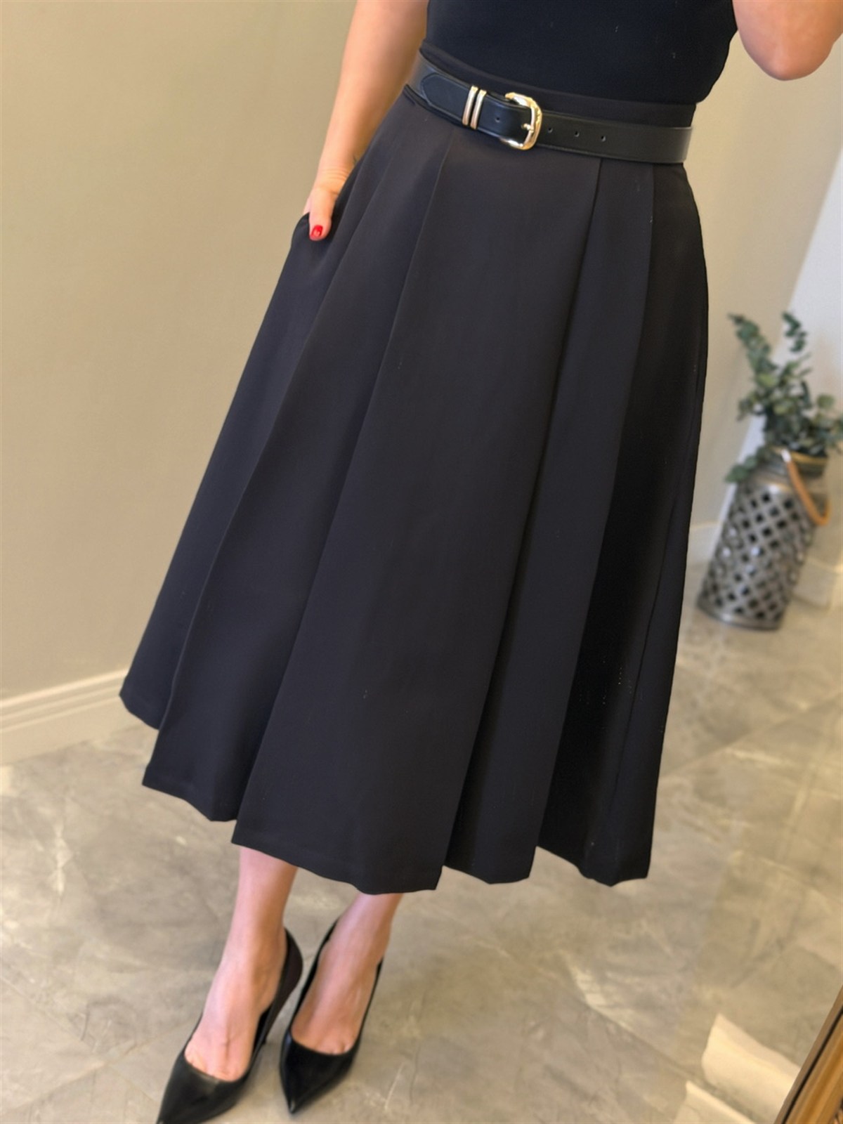 Kalın Pileli Midi Kloş Etek