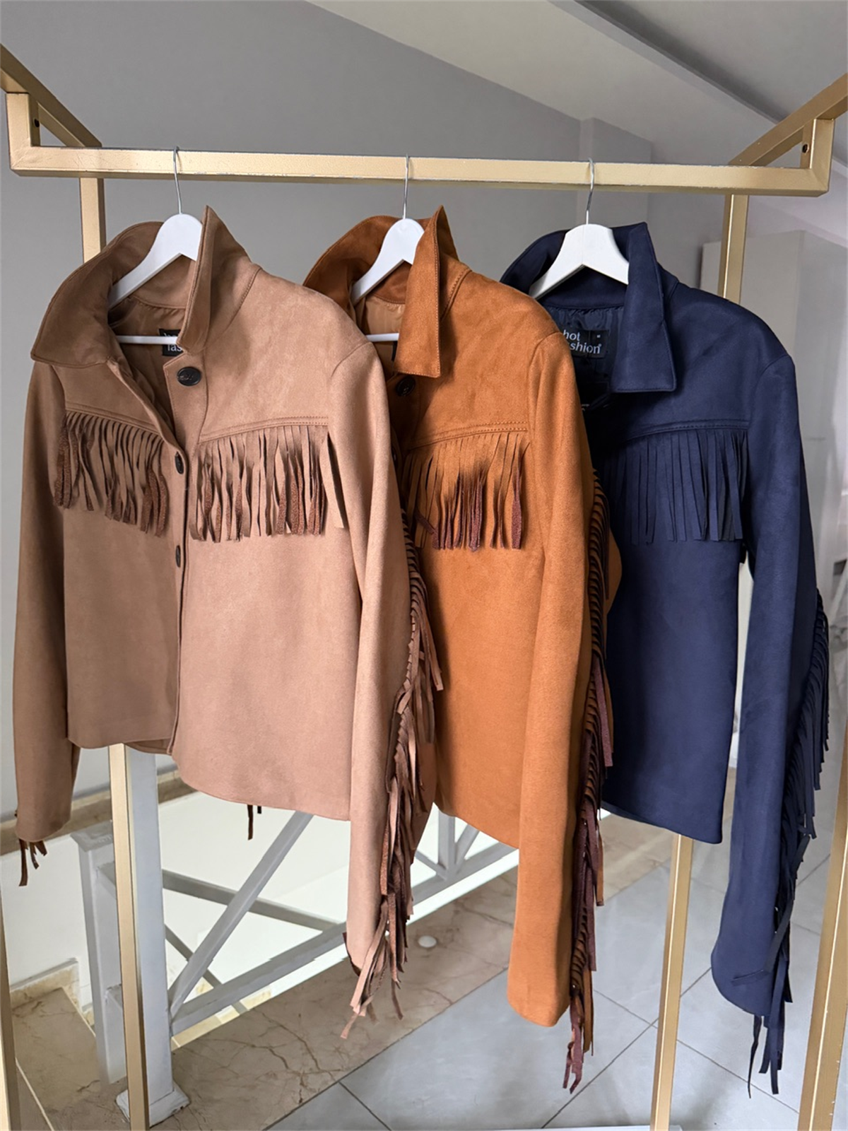 Düğmeli Püsküllü Süet Ceket - Taba