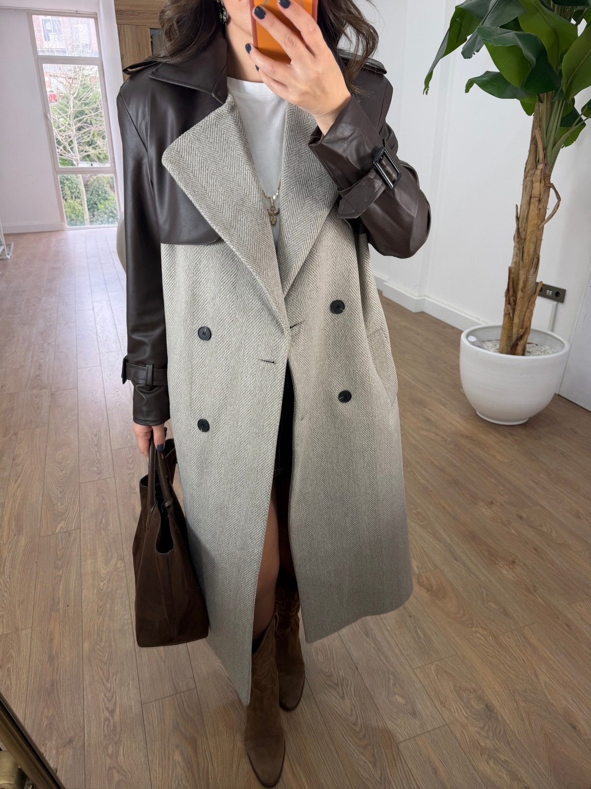 Premium Deri Detaylı Kırçıllı Kaban - Kahverengi