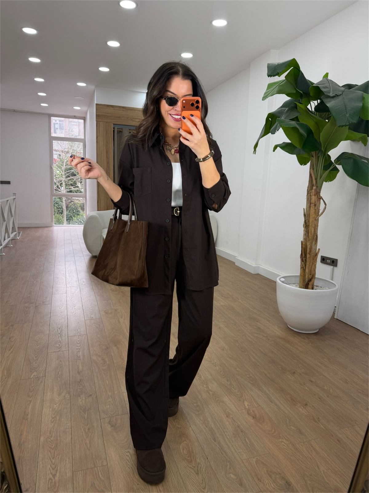 Cep Detaylı Gömlek Pantolon Takım - Kahverengi