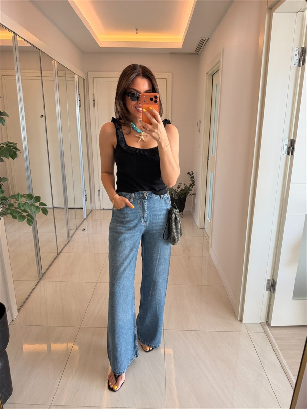 Bel Arkası Lastikli Tensel Denim Palazzo