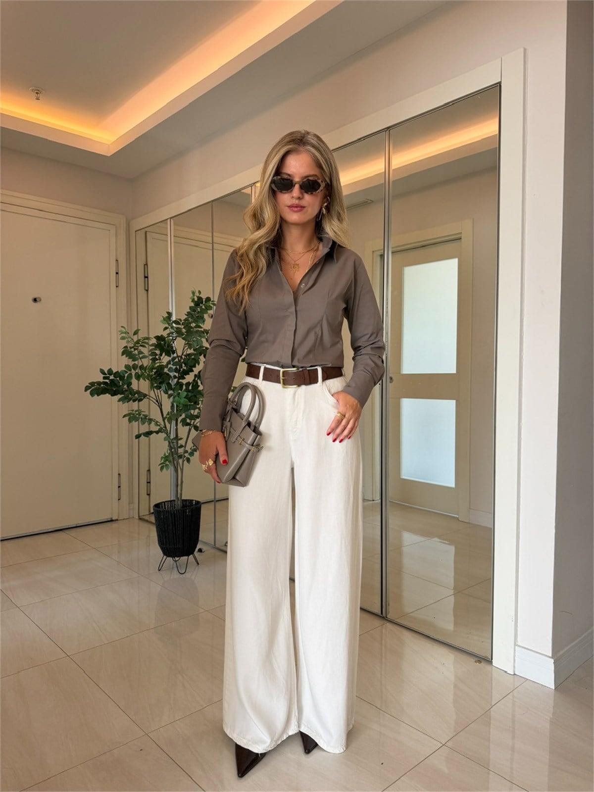 Pamuklu Manşetli Slim Fit Gömlek-Kakao