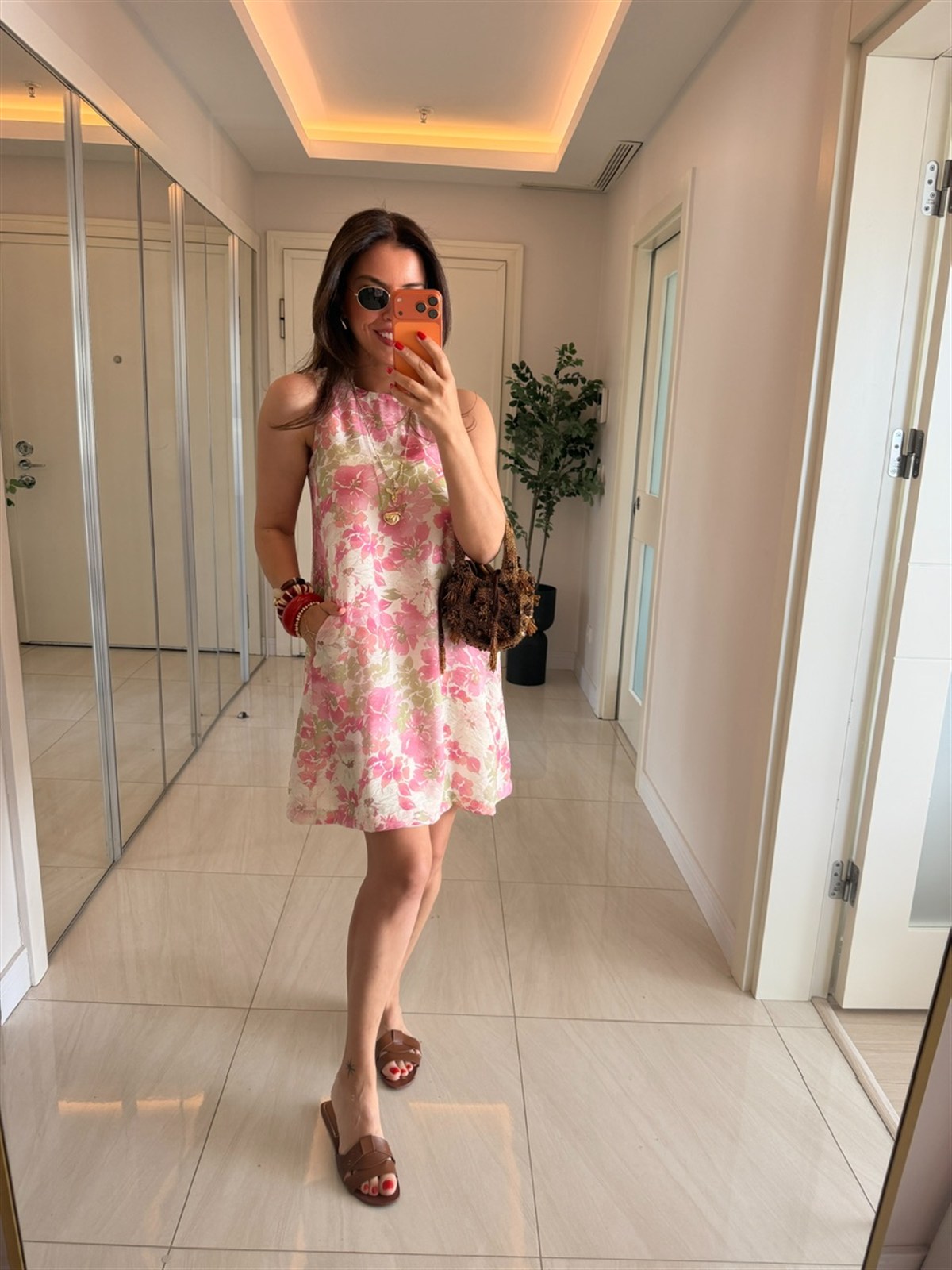 Çiçek Desenli Astarlı Elbise - Pembe 