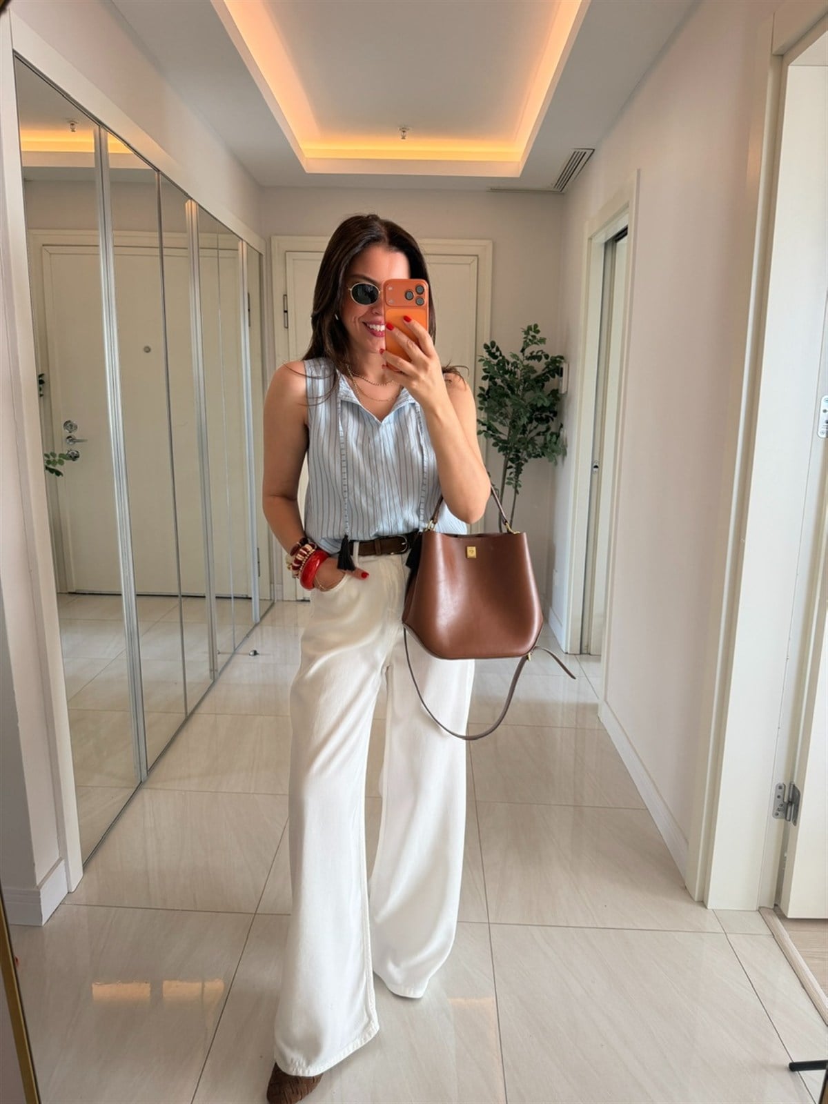 Premium Tensel Palazzo Denim Pantolon - Beyaz 