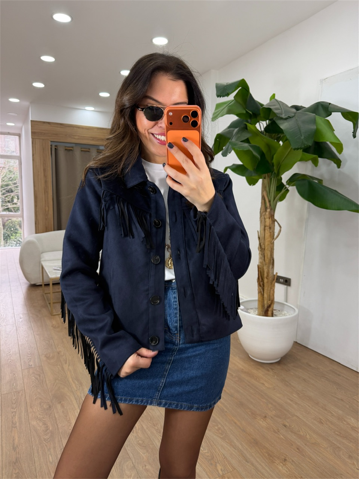 Düğmeli Püsküllü Süet Ceket - Lacivert