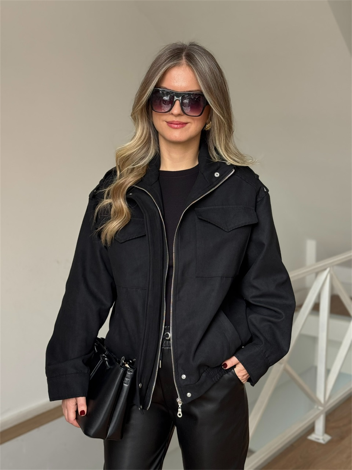 Beli Lastikli Cepli Bomber Süet Ceket - Siyah