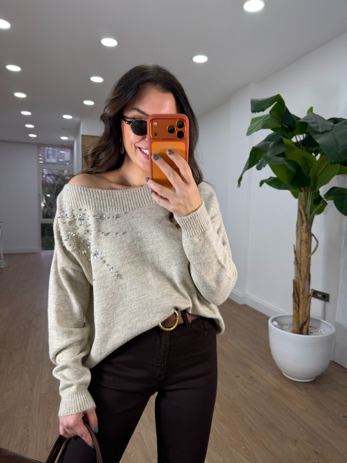 Omuzu Taşlı Triko Kazak - Açık bej