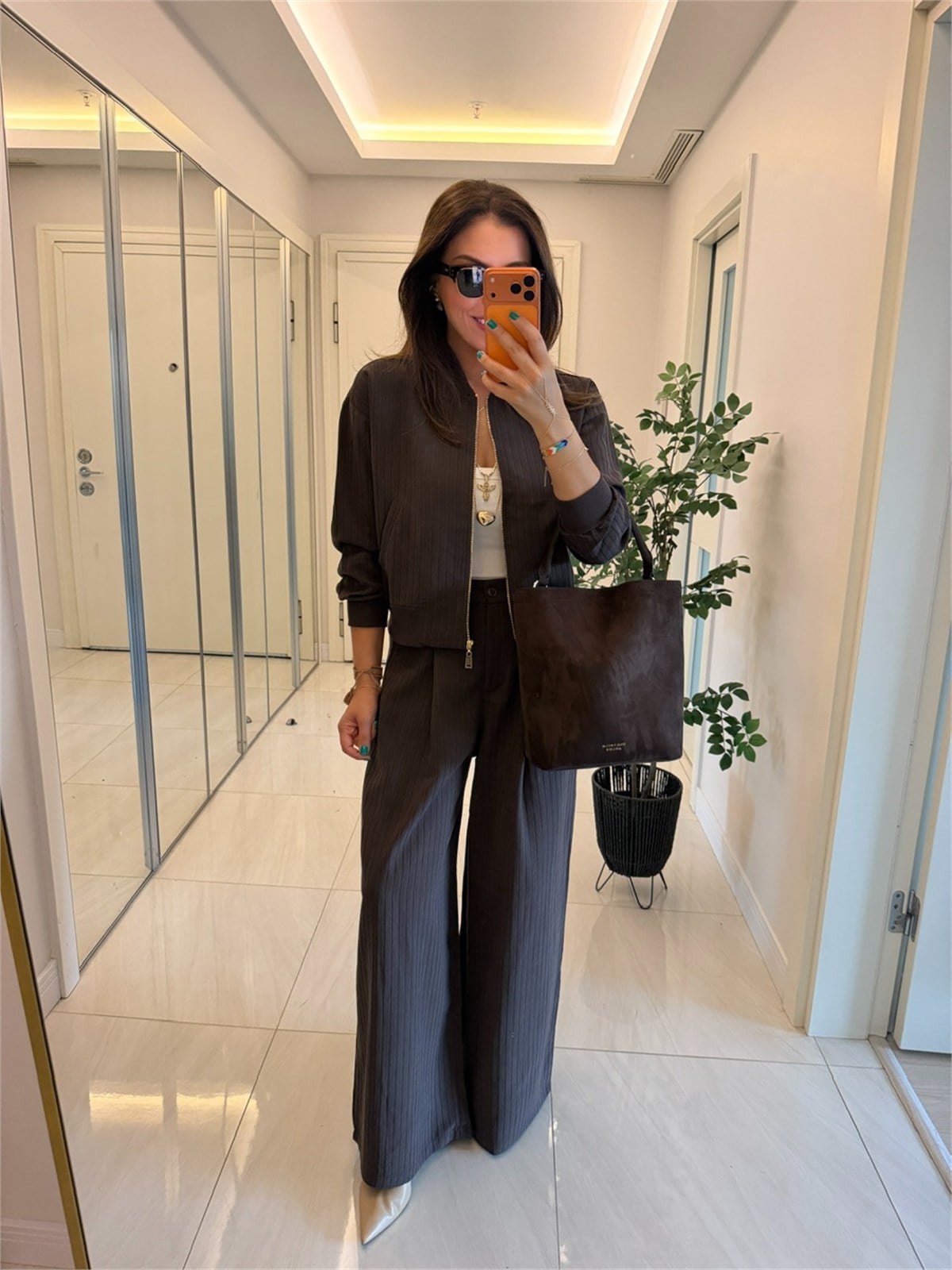 Bomber Ceketli Çizgili Premium Modal Takım - Kahve