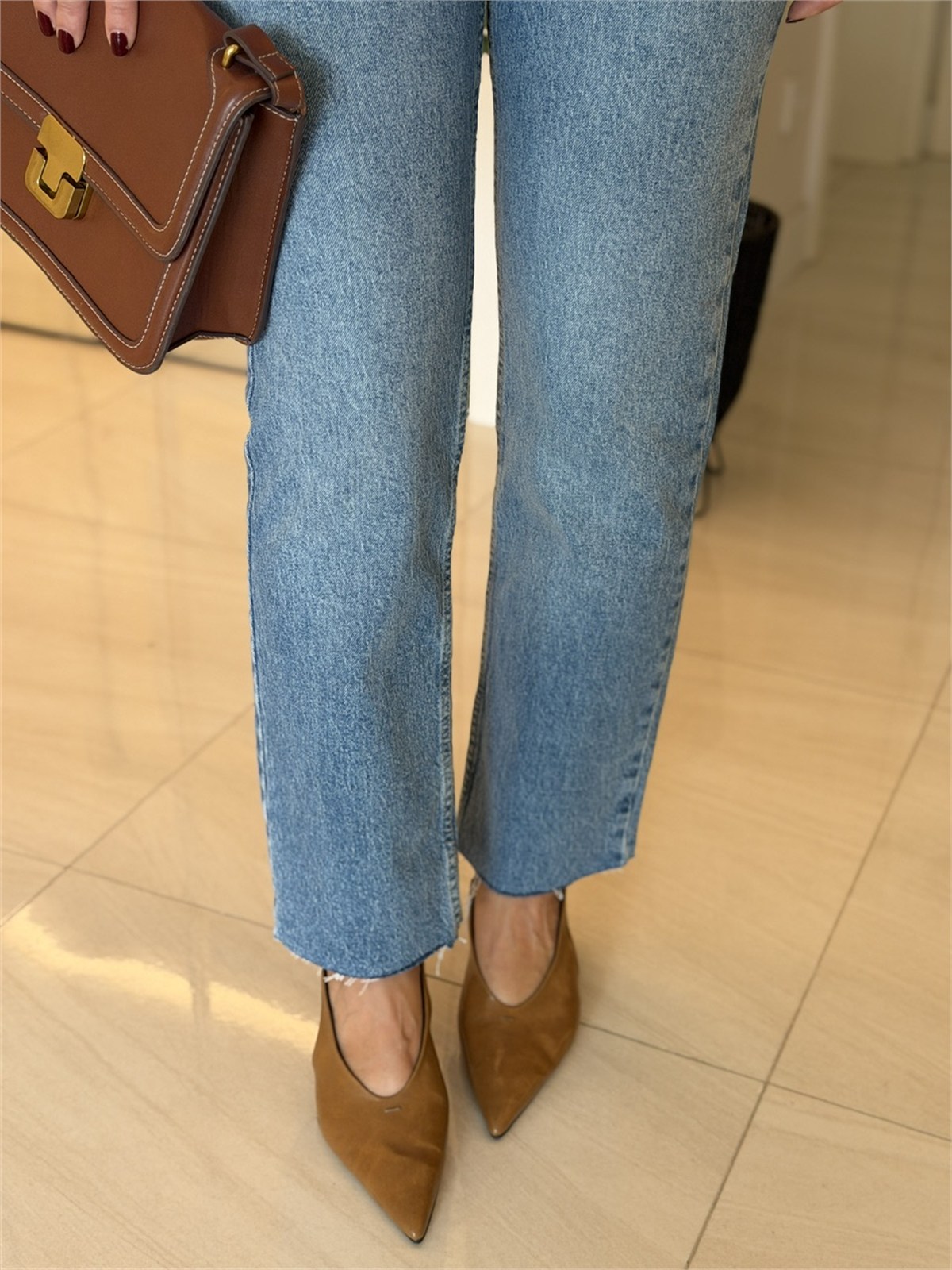 Likralı Kesik Paça Boyfit Jean-Mavi