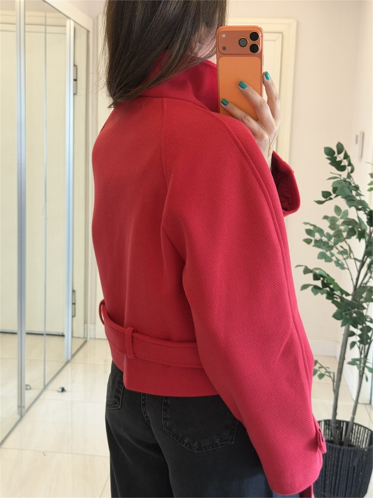 Dik Yaka Kemerli Kısa Kaşe Kaban - Kırmızı