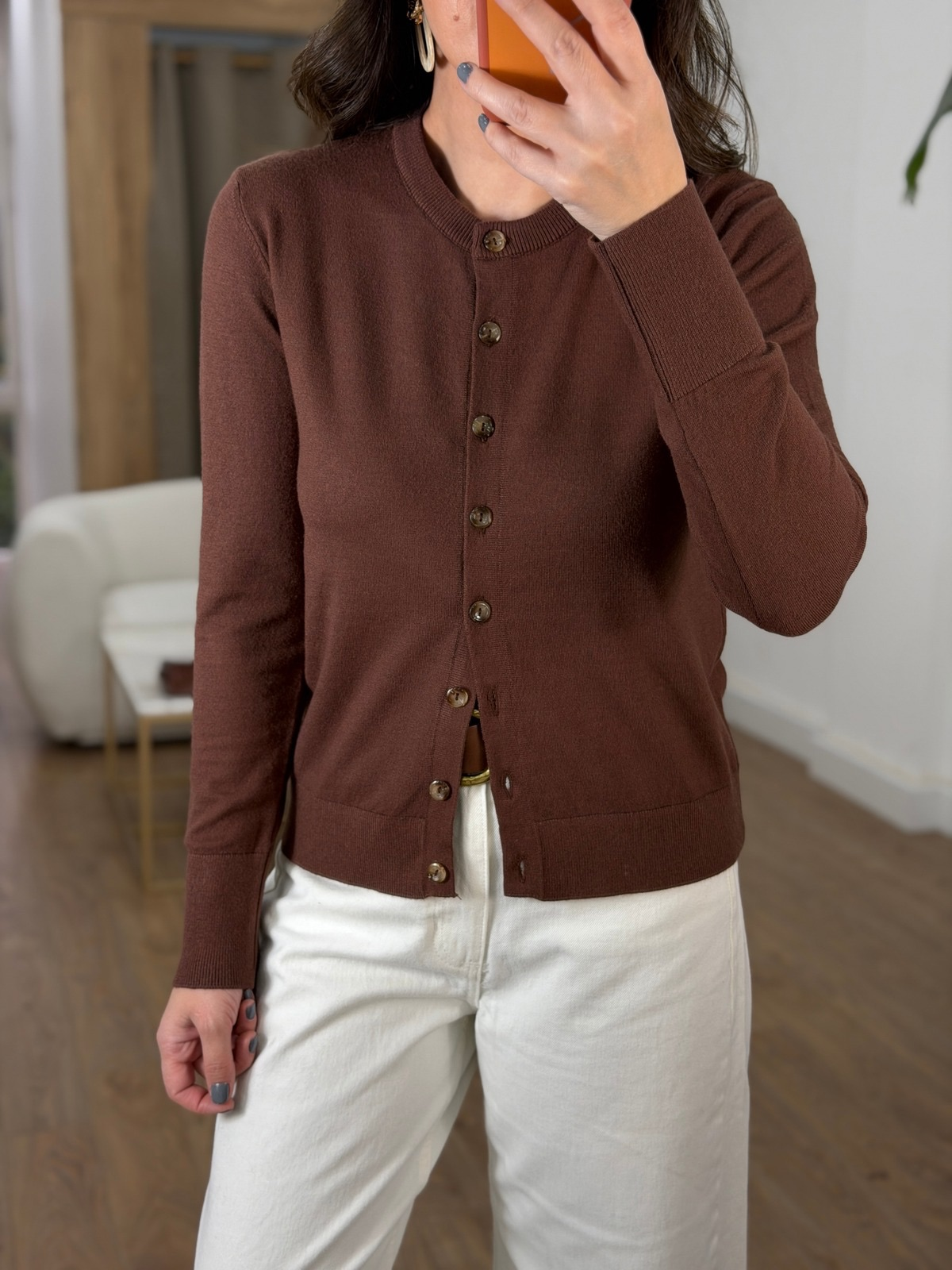 Bisiklet Yaka Düğmeli Triko Hırka - Kahverengi