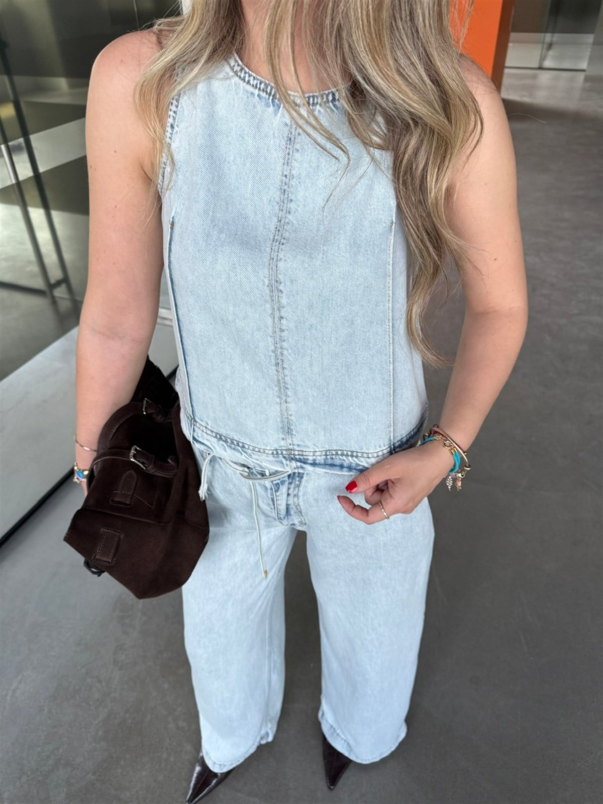 Tensel Denim Premium Bluz Pantolon Takım - Buz Mavisi