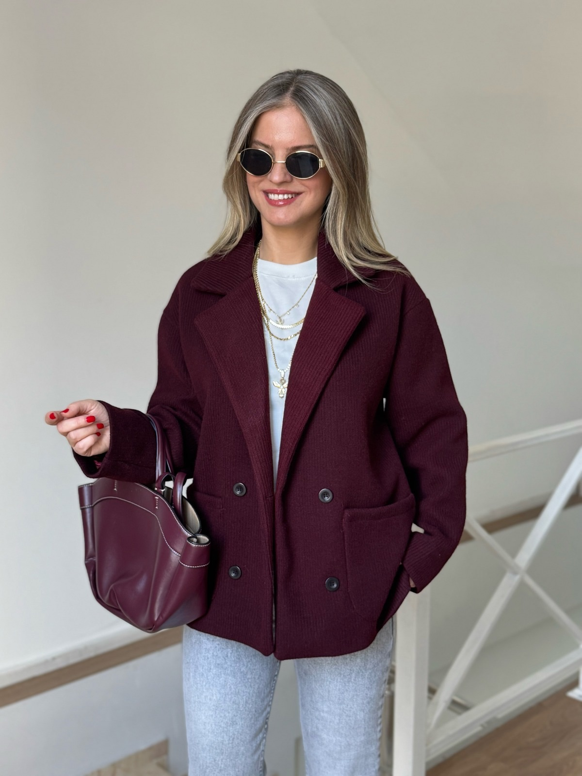 Kruvaze Yaka Triko Ceket - Bordo