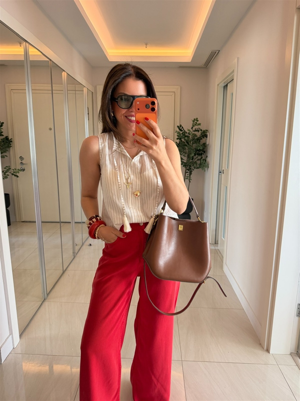 Premium Tensel Palazzo Denim Pantolon - Kırmızı