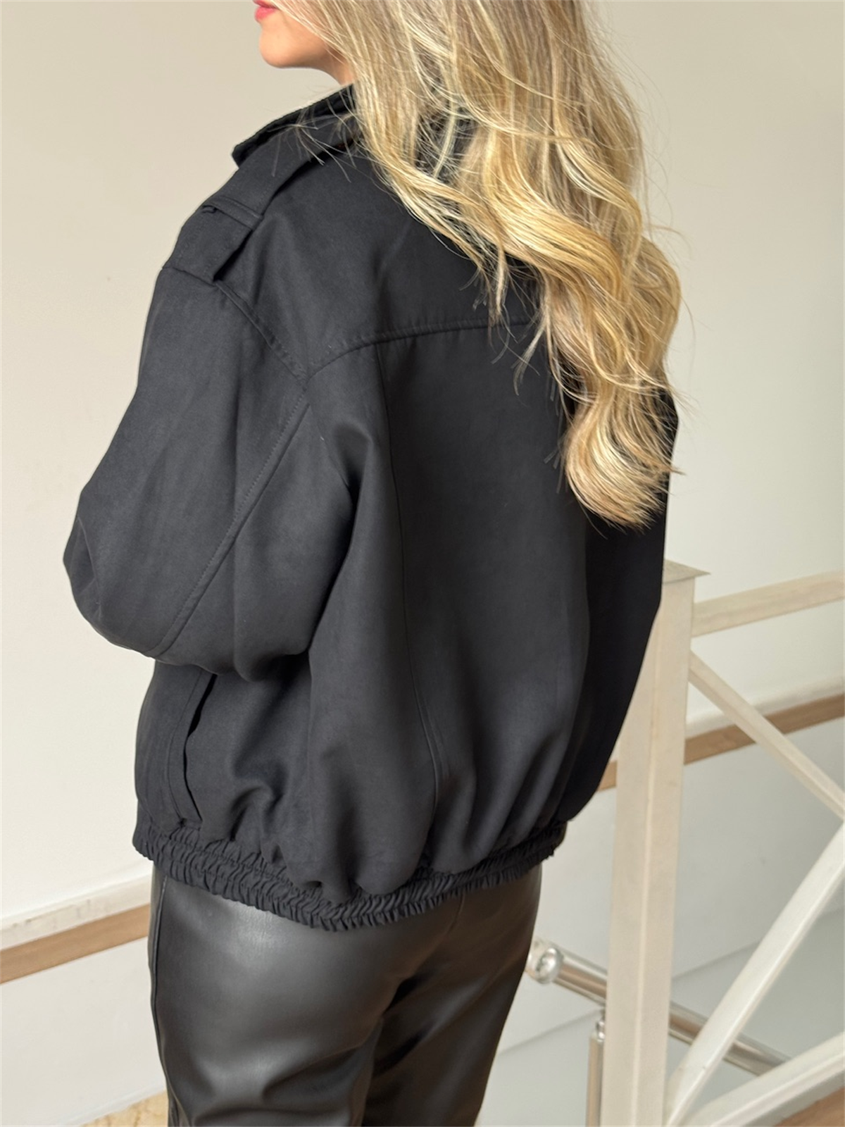 Beli Lastikli Cepli Bomber Süet Ceket - Siyah