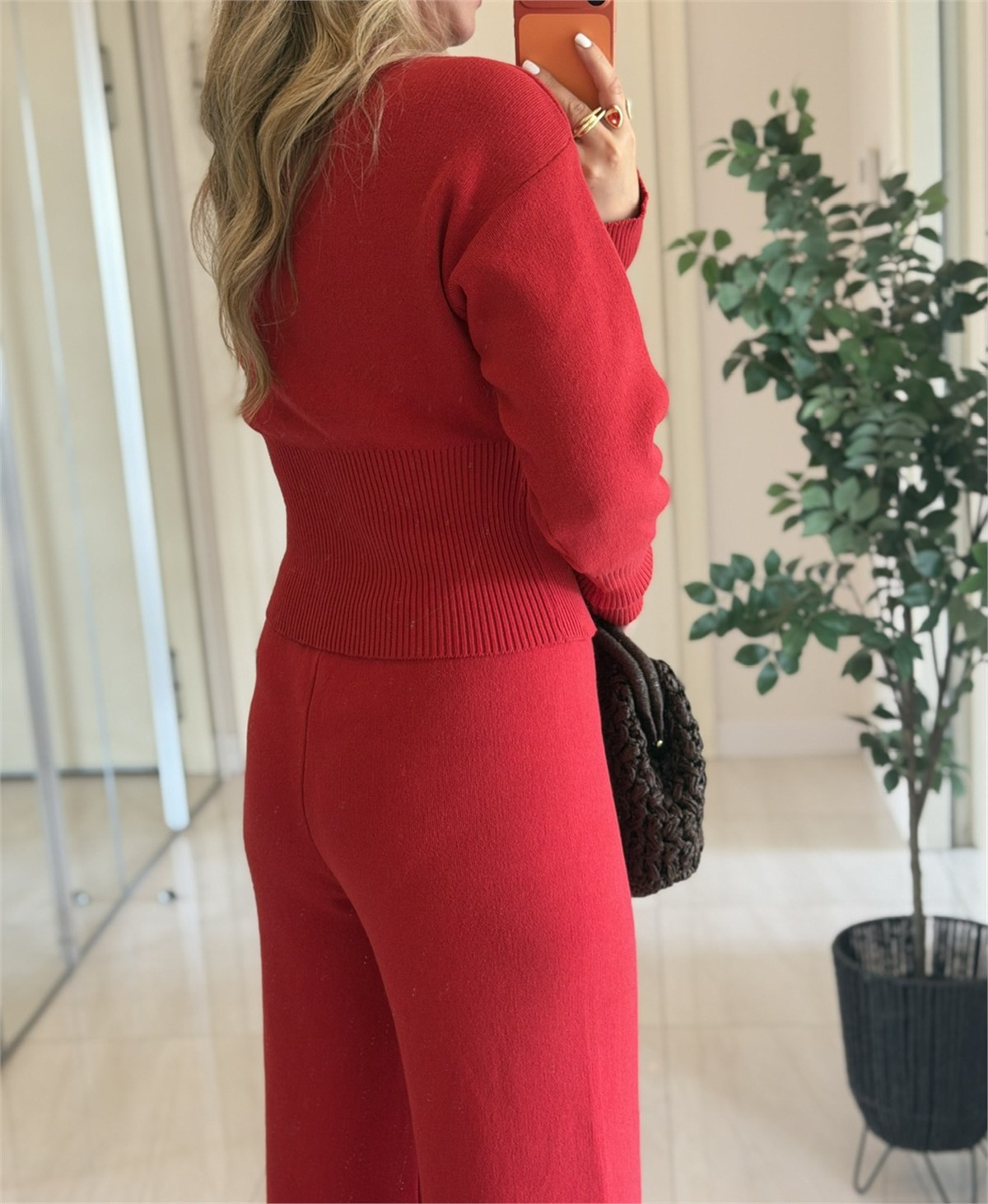 Bisiklet Yaka Çift Fermuarlı Triko Takım-Kırmızı