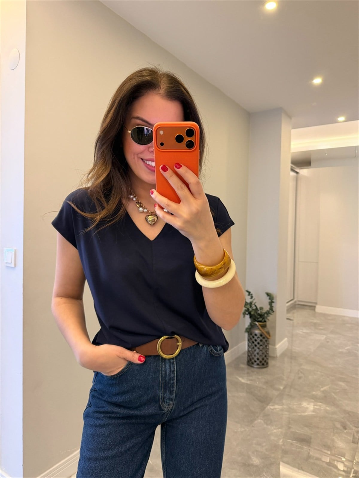 V Yaka Önü Dikişli Modal Tshirt - Lacivert