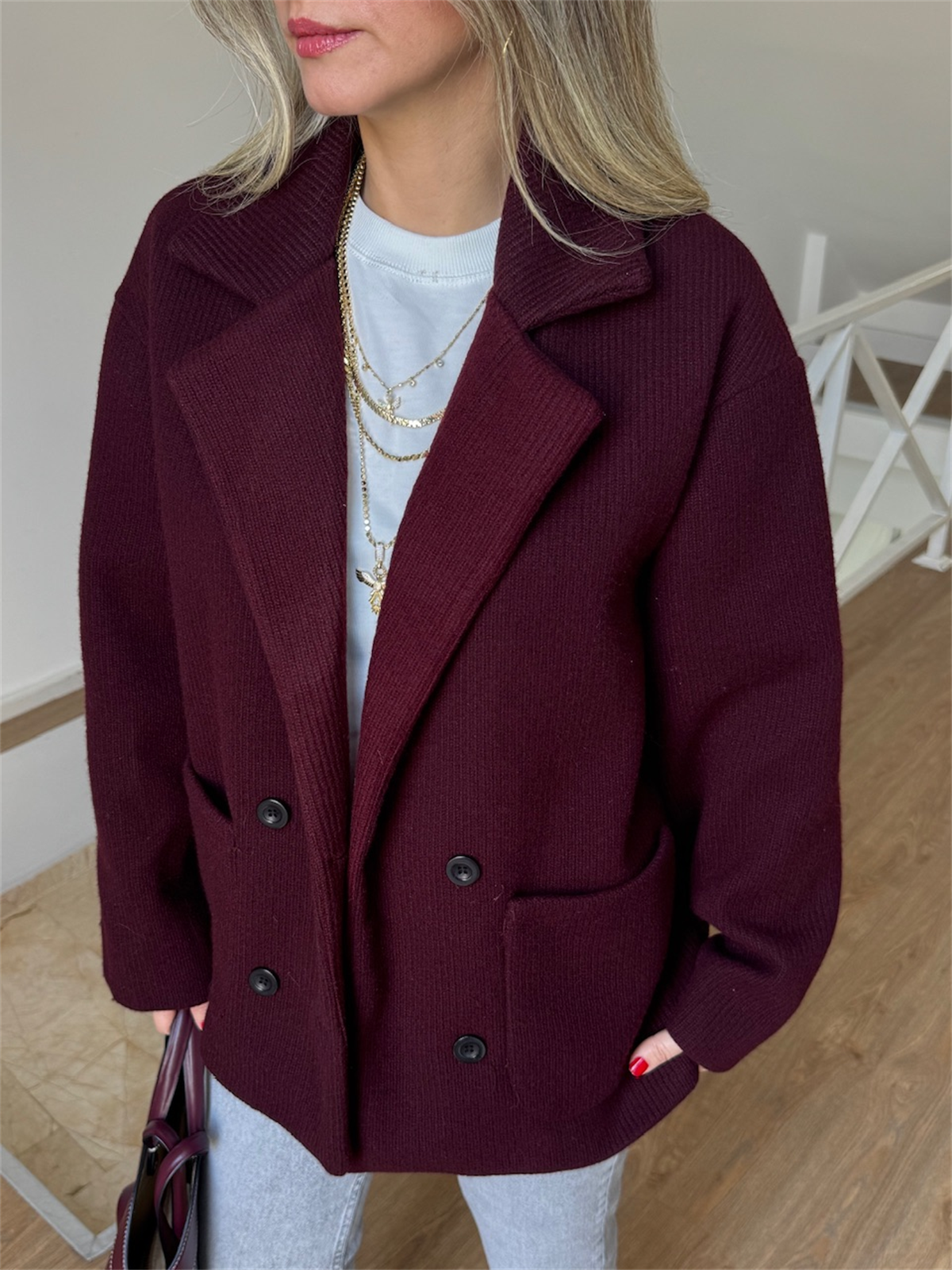 Kruvaze Yaka Triko Ceket - Bordo