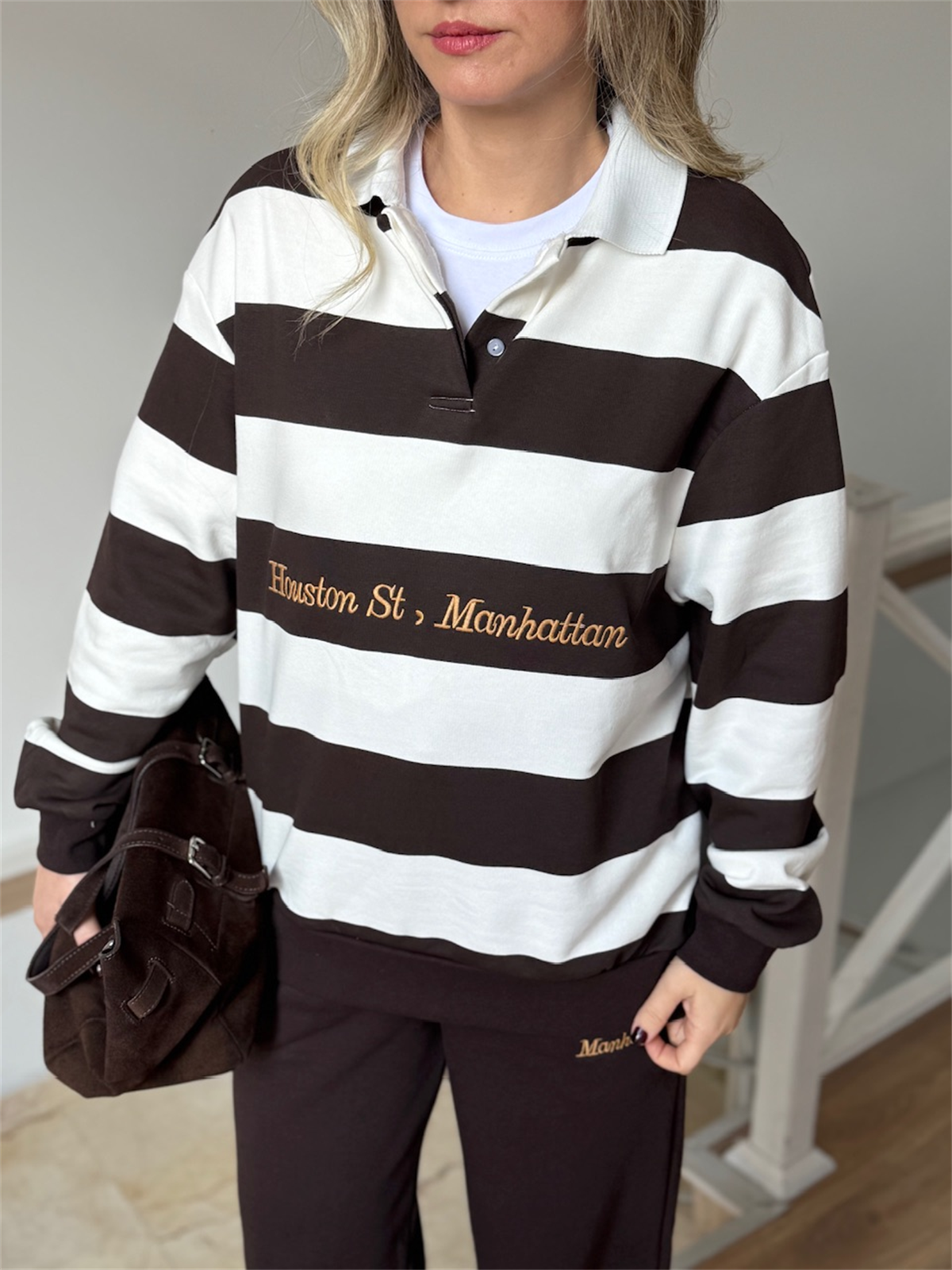 Çizgili Sweatshirt Eşofman Takım - Kahverengi